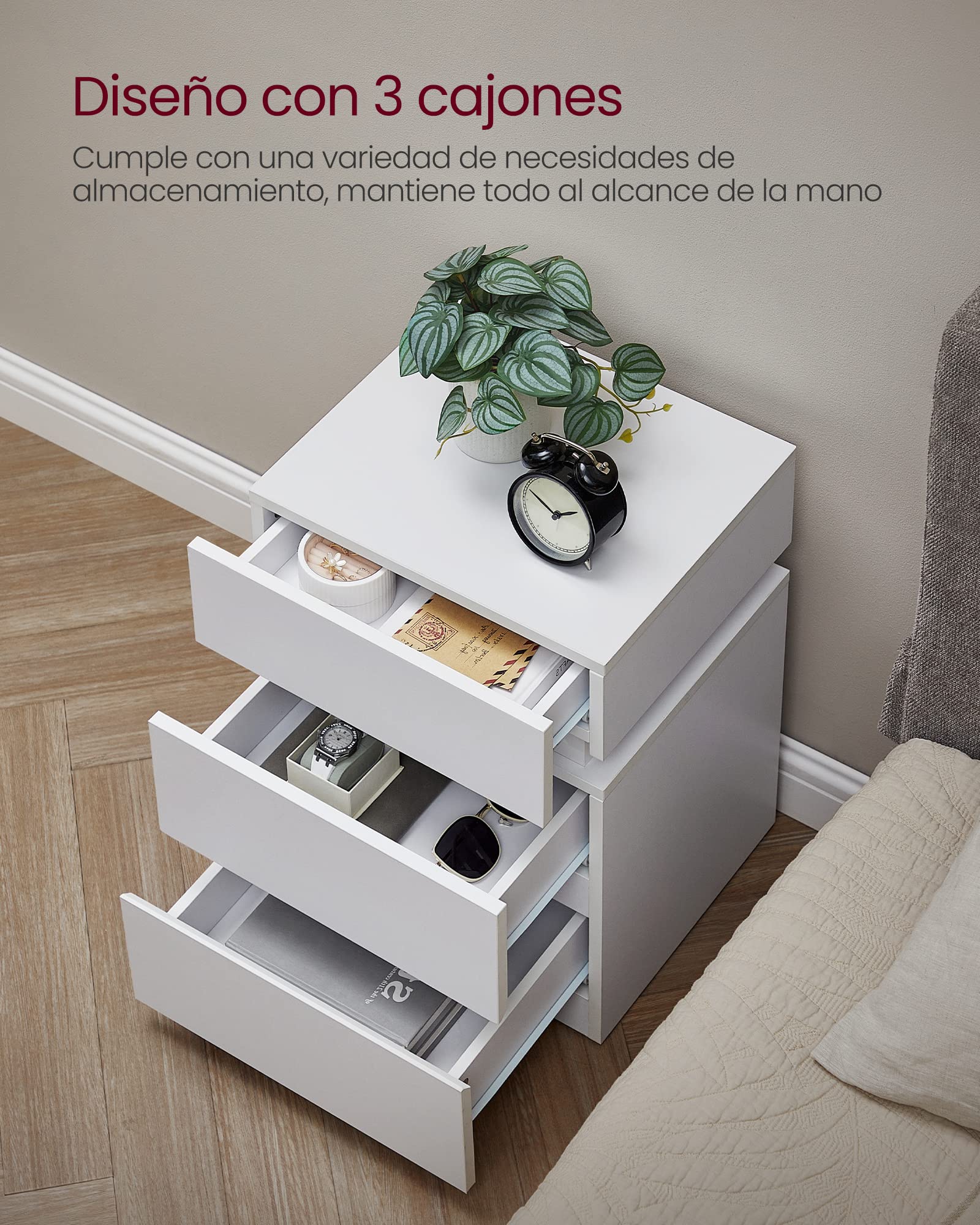 VASAGLE KAILYN Colección - Mesita de Noche con Tira de Luz LED Multicolor Variable, 3 Cajones, Mesa Auxiliar, Estilo Moderno, 35 x 40 x 55 cm, Blanco Nube LET630T10V2
