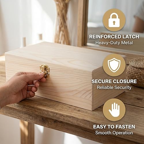 Miniatura 5 de VOSAREA Caja de madera sin terminar con tapa con bisagras, caja de almacenamiento de madera grande de 9.8 pulgadas con cierre de bloqueo para