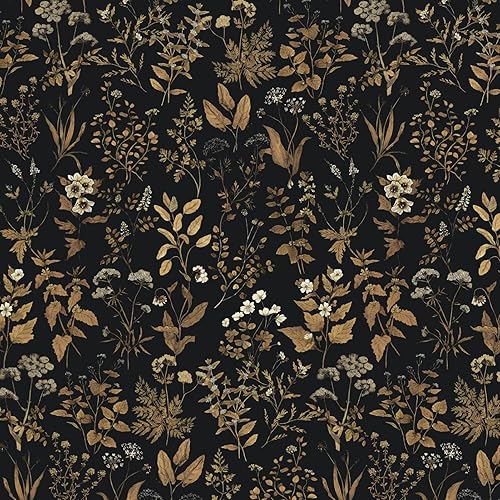 Dimoon Papel tapiz de 78.7 x 17.3 pulgadas, delicado papel tapiz de hojas negras doradas con diseño floral dorado para despegar y pegar, papel de