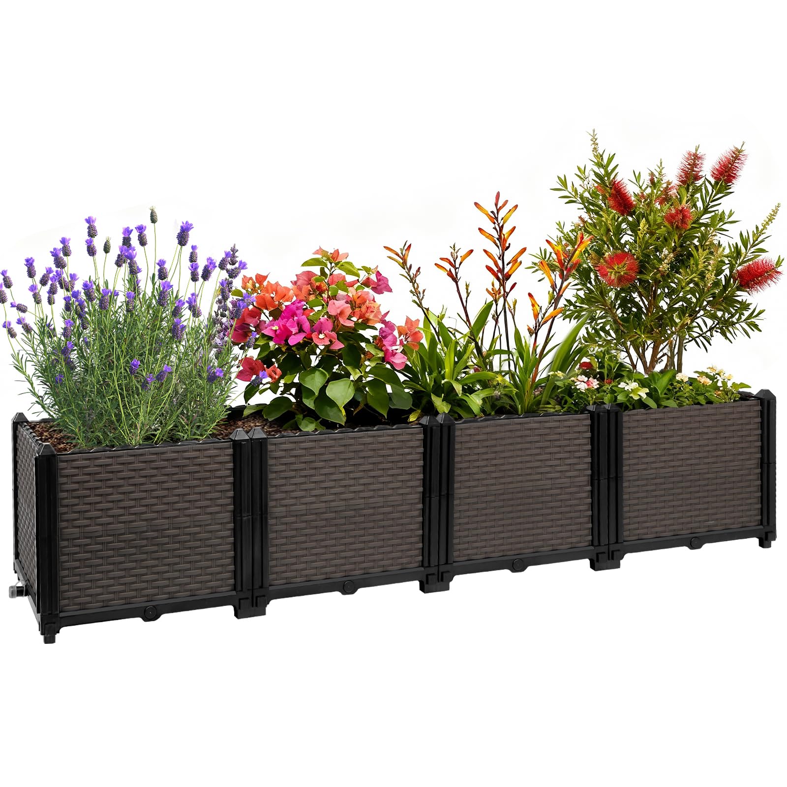 Large Raised Plant Box 160L x 40W x 36Hcm, Raised Beds for Gardening Self Watering, Rattan Garden Planters Outdoor with Drainage Holes, Rectangular Planting Container Perfect for Garden Patio Balcony