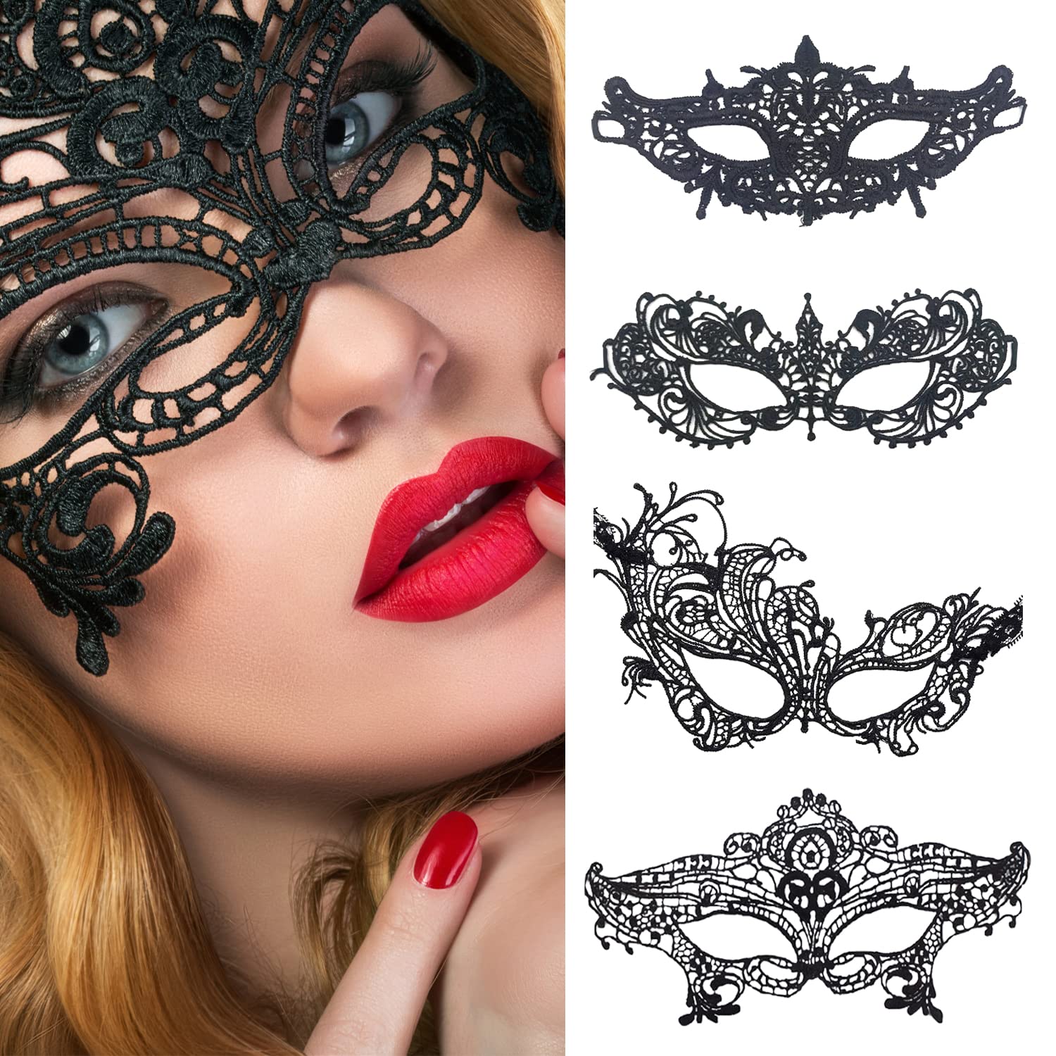 JZS Lace Eye Mask 4Sets for Women Sexy Masquerade Halloween Christmas Thememed Party Cosplay Decoration Accessories Masquerade Masks Lace Venetian Mardi Gras Mask Costume Mask Black