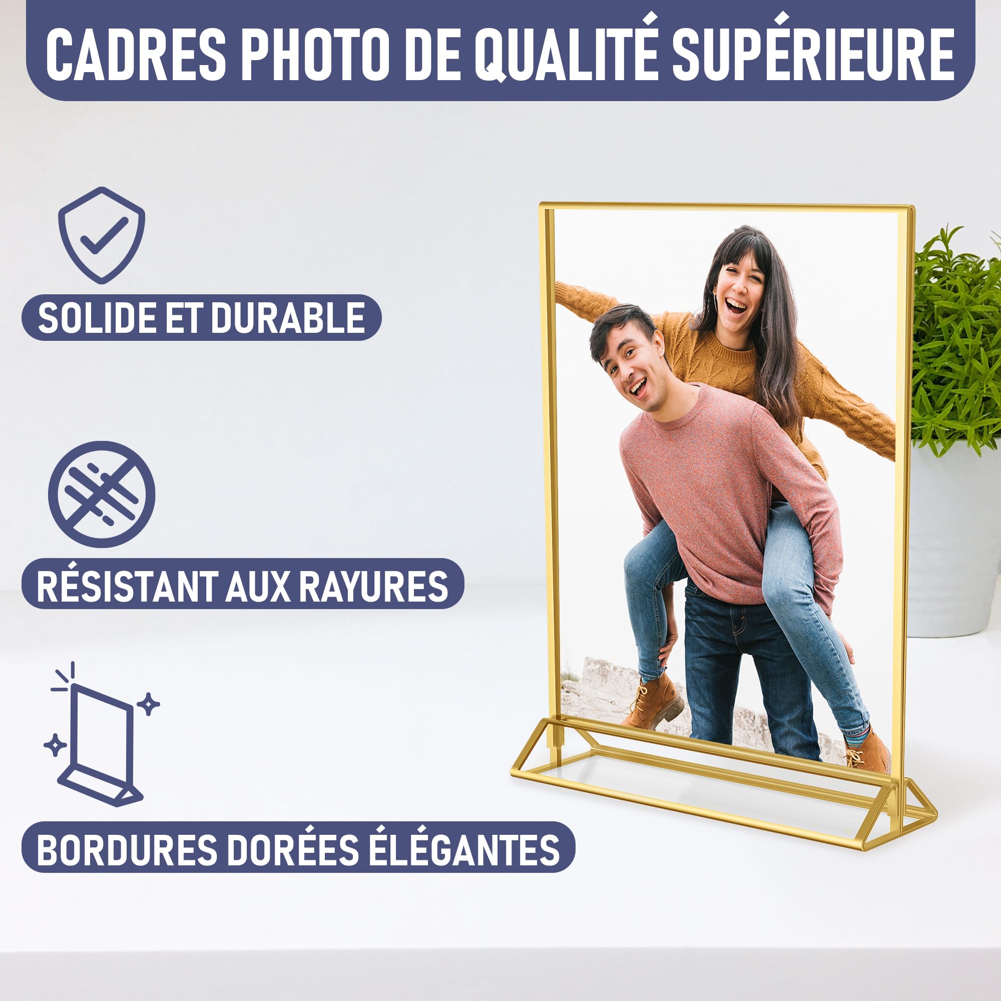 Dasher Products Cadres Photos Dorés Double Face - Pack de 6 - Porte-numéros de table dorés en acrylique, chevalets de table transparents pour affiche, porte-menus, cadres photos (A5)
