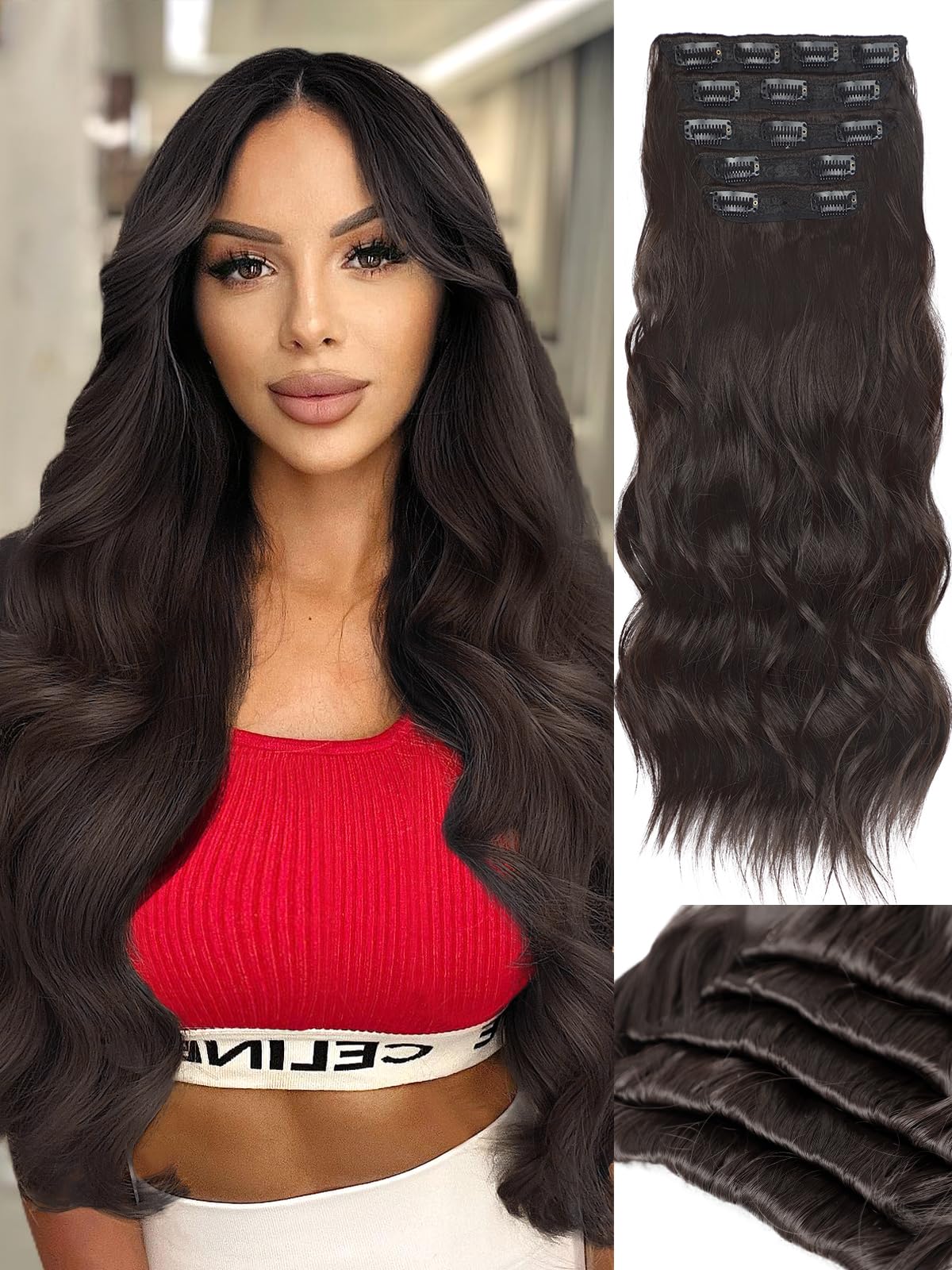 KooKaStyle Hair Extensions 5PCS Long Wavy Upgrate Invisible Full Coverage Edges Seamless Clip in Extensions for Women 20 Inch Dark Brown Synthetic Natural Hairpieces