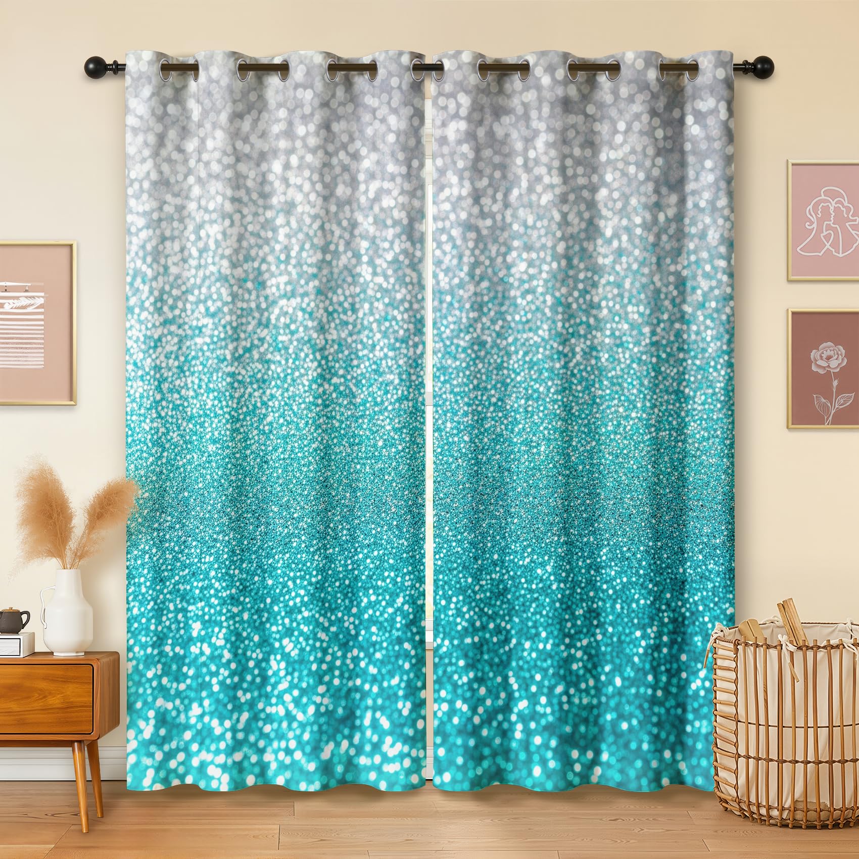 Havenix Turquoise and Silver Blackout Curtains for Bedroom Living Room, Eyelet Curtains 183cm Drop, Thermal Insulated Drapes for Windows, Teal Glitter Patterned Window Treatments, 2 Panels — image 1
