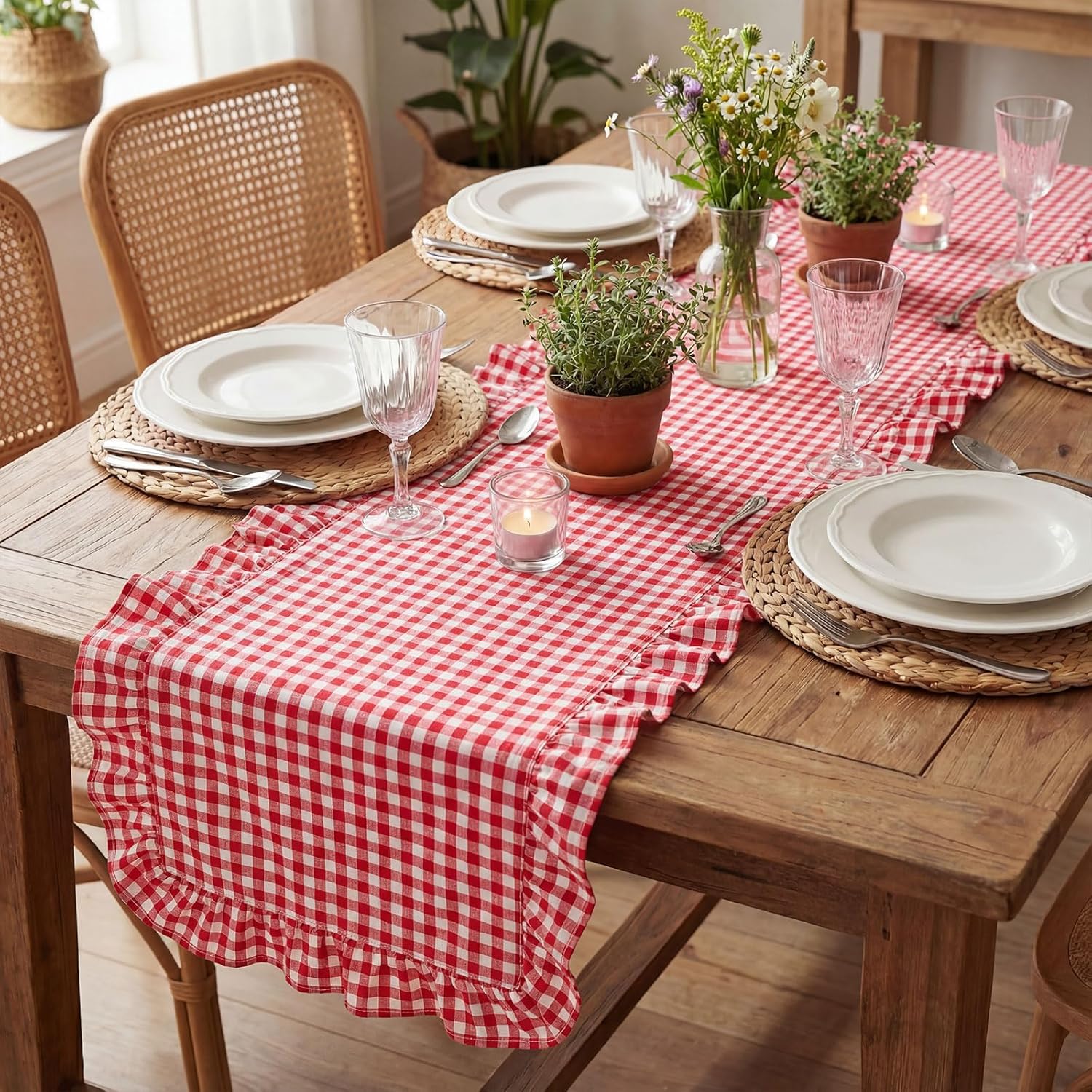 HunnmingRe 1 Pcs Red Plaid Gingham Ruffle Table Runner 118 x 13.8'' Farmhouse Table Runner 100% Cotton Scalloped Long Dresser Scarves for Mothers Day, Dining Room, Wedding, Kitchen Rustic Home Decor