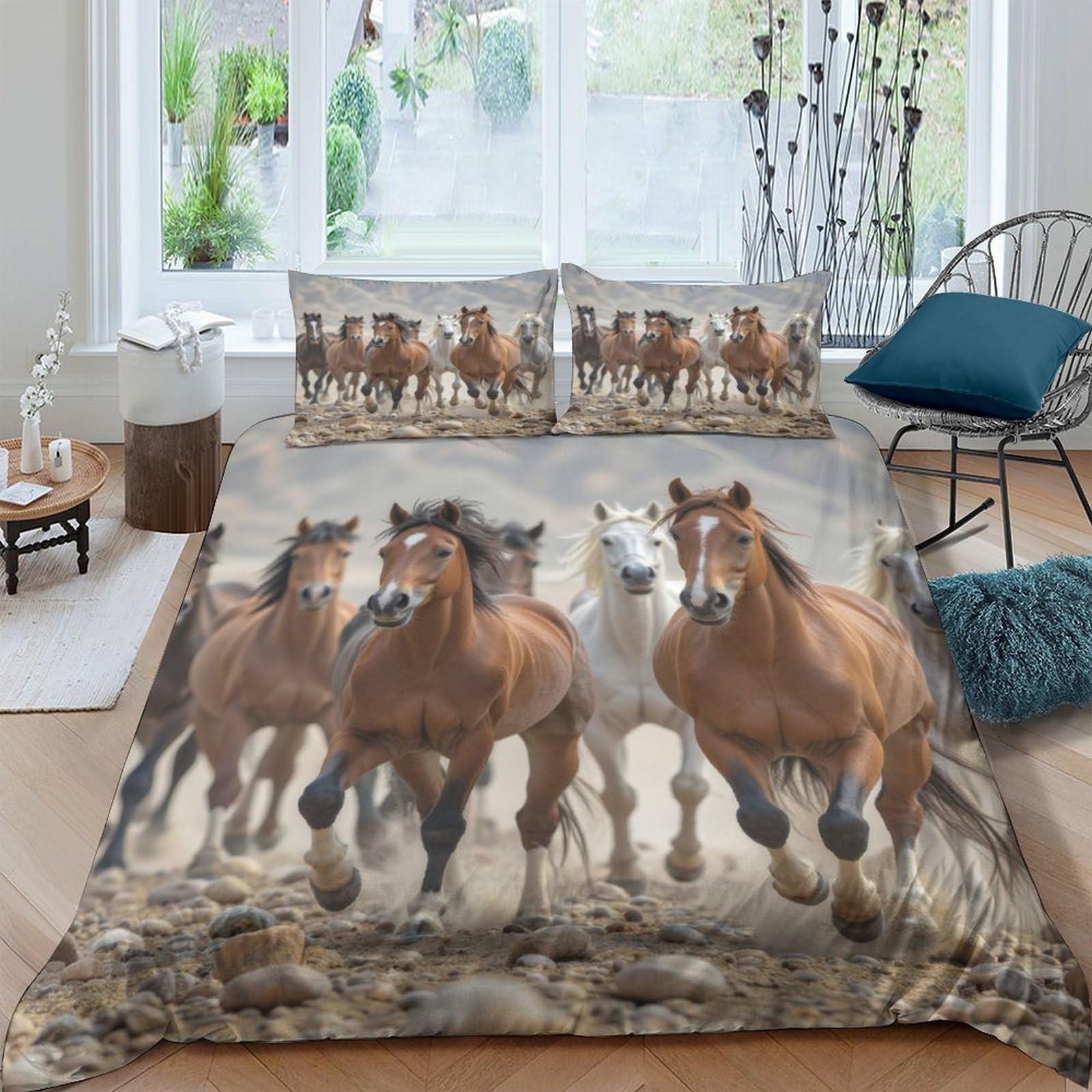 GPLZQXKJNH 3D Printed Wild Horse Duvet Cover Microfiber Soft Breathable Galloping Herd Bedding Set with 2 Pillowcases for Bedroom Decor Single（135x200cm）
