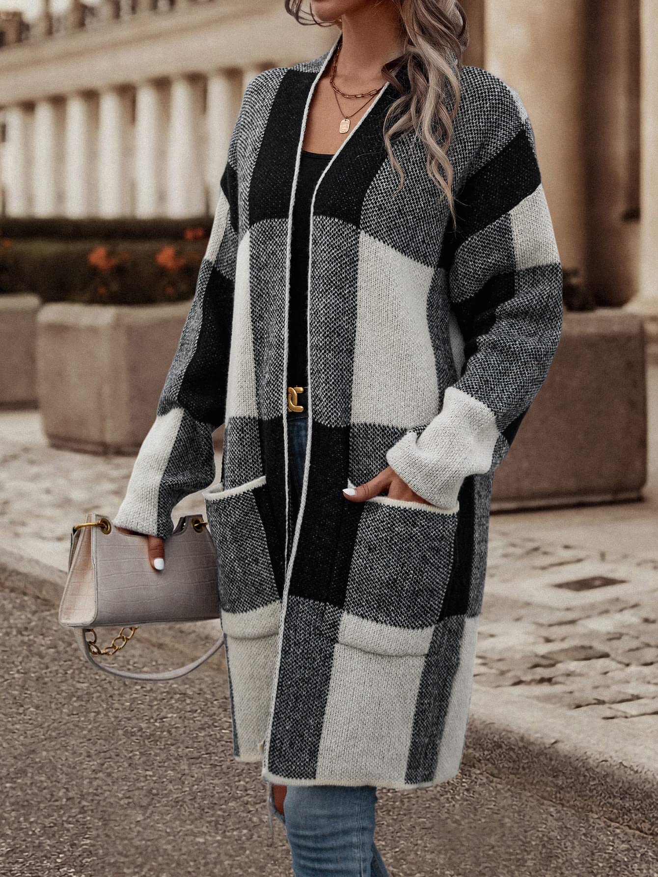 Amazon.com: DBODHI Women's Cardigans Plaid Pattern Dual Pocket