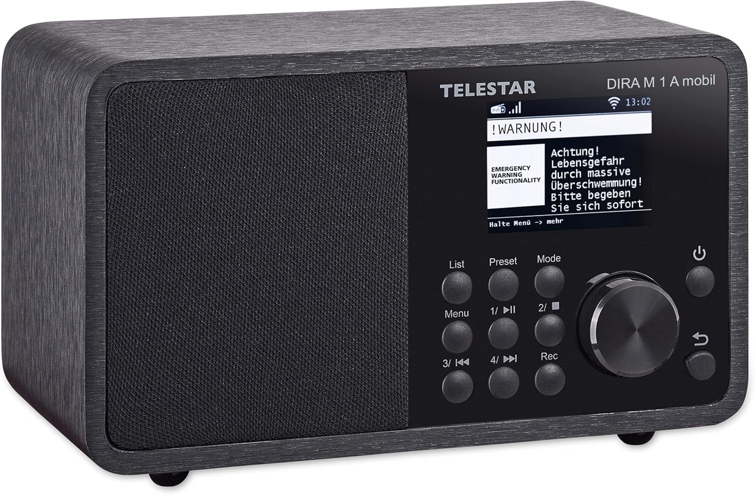 Telestar DIRA M 1 A mobile radio display showing an emergency warning message.