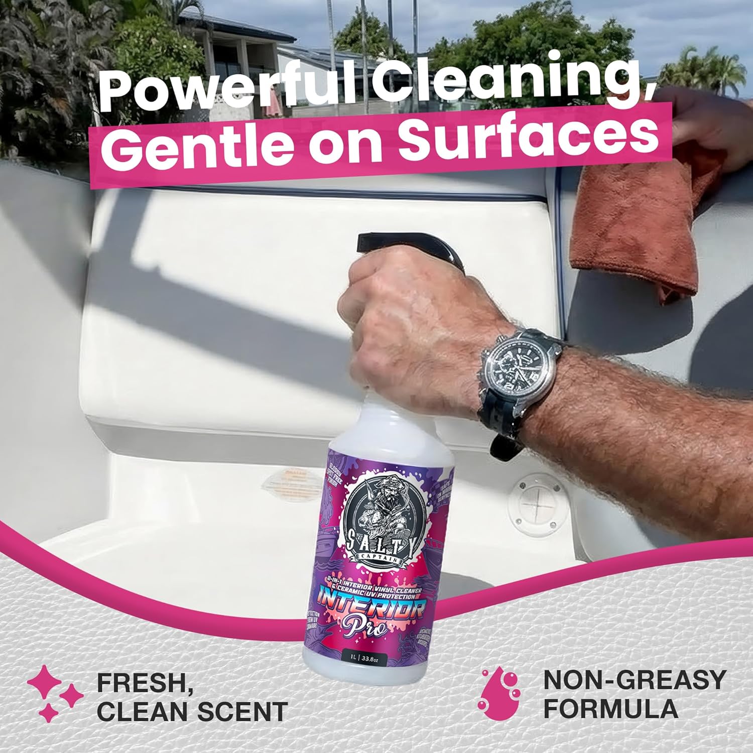 Salty Captain Superior Interior Cleaner | Interior Cleaning & Protection Spray for Vinyl, Leather, Plastic & Rubber | Removes Dirt, Dust & Stains | Non-Greasy Finish for Boats, RVs & Vehicles | 16.9oz