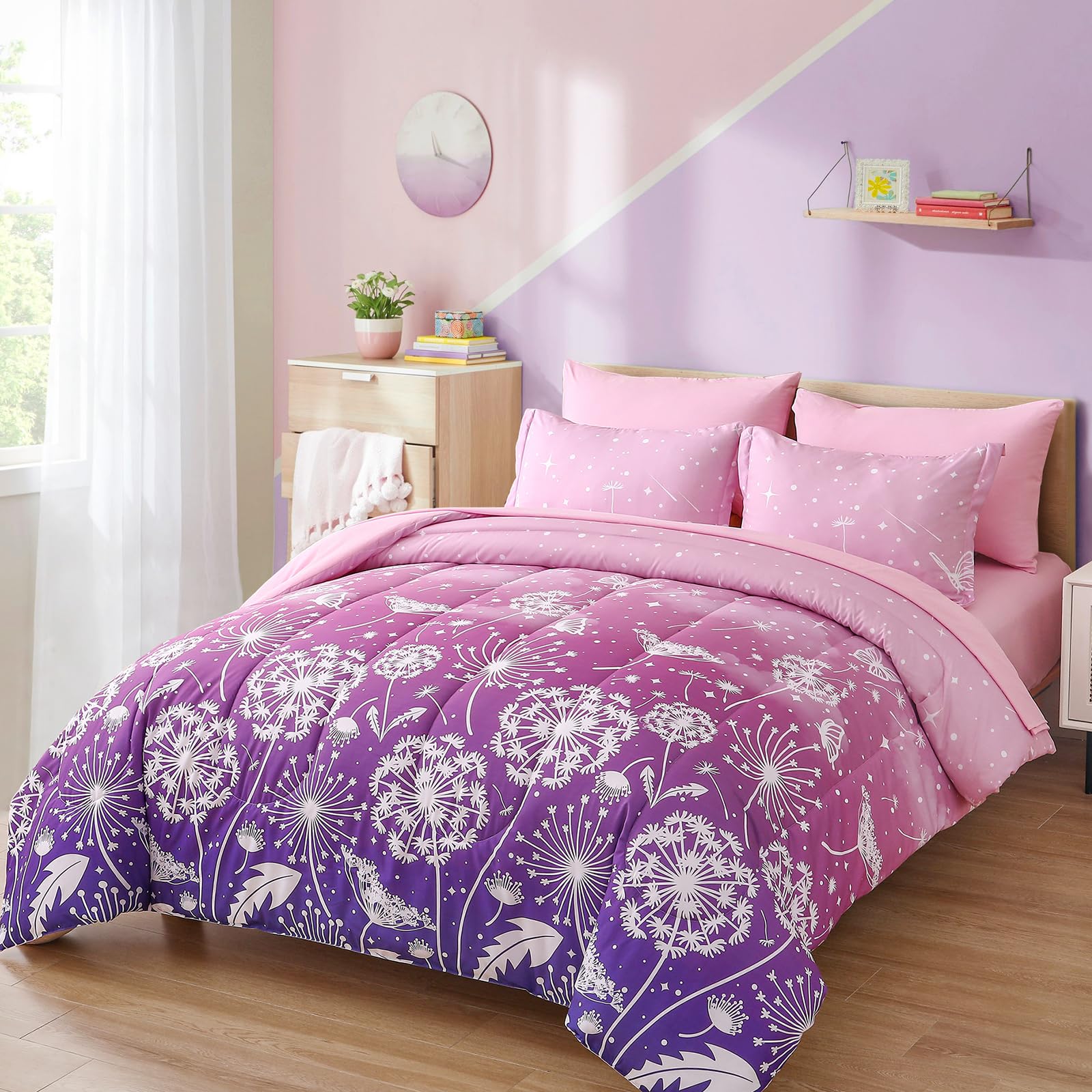 Menghomeus Girls Comforter Set Twin Size 5 Pieces Bed in A Bag Ombre Pink Purple Rainbow Bedding Set Dandelion Butterfly Print Kids Bedding Collections