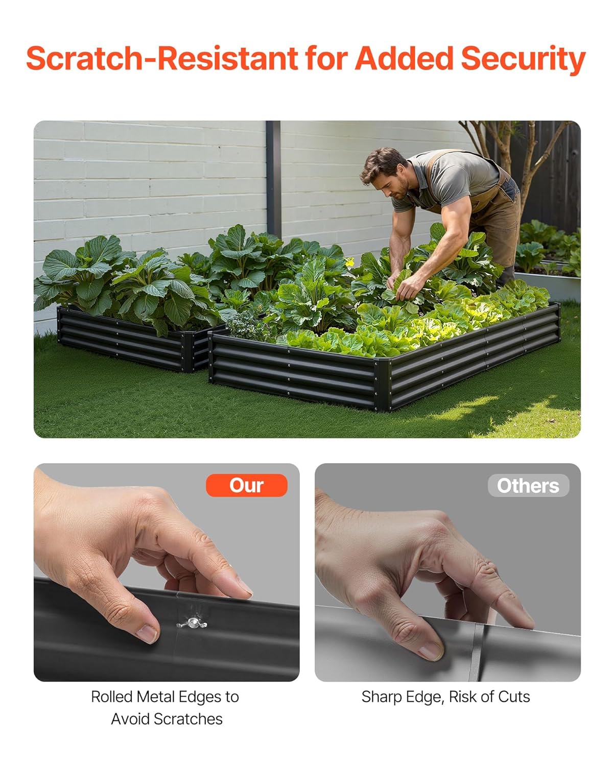 A man gardening in a VEVOR raised garden bed, with an inset showing a comparison between safe rolled metal edges and sharp, unsafe edges.