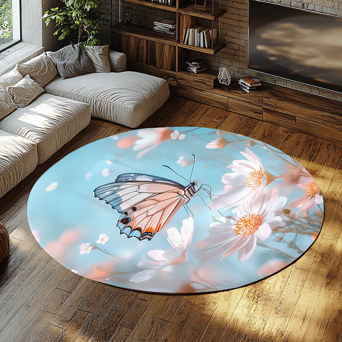 Tapis rond papillon bleu 150cm en peluche lavable pour chambre