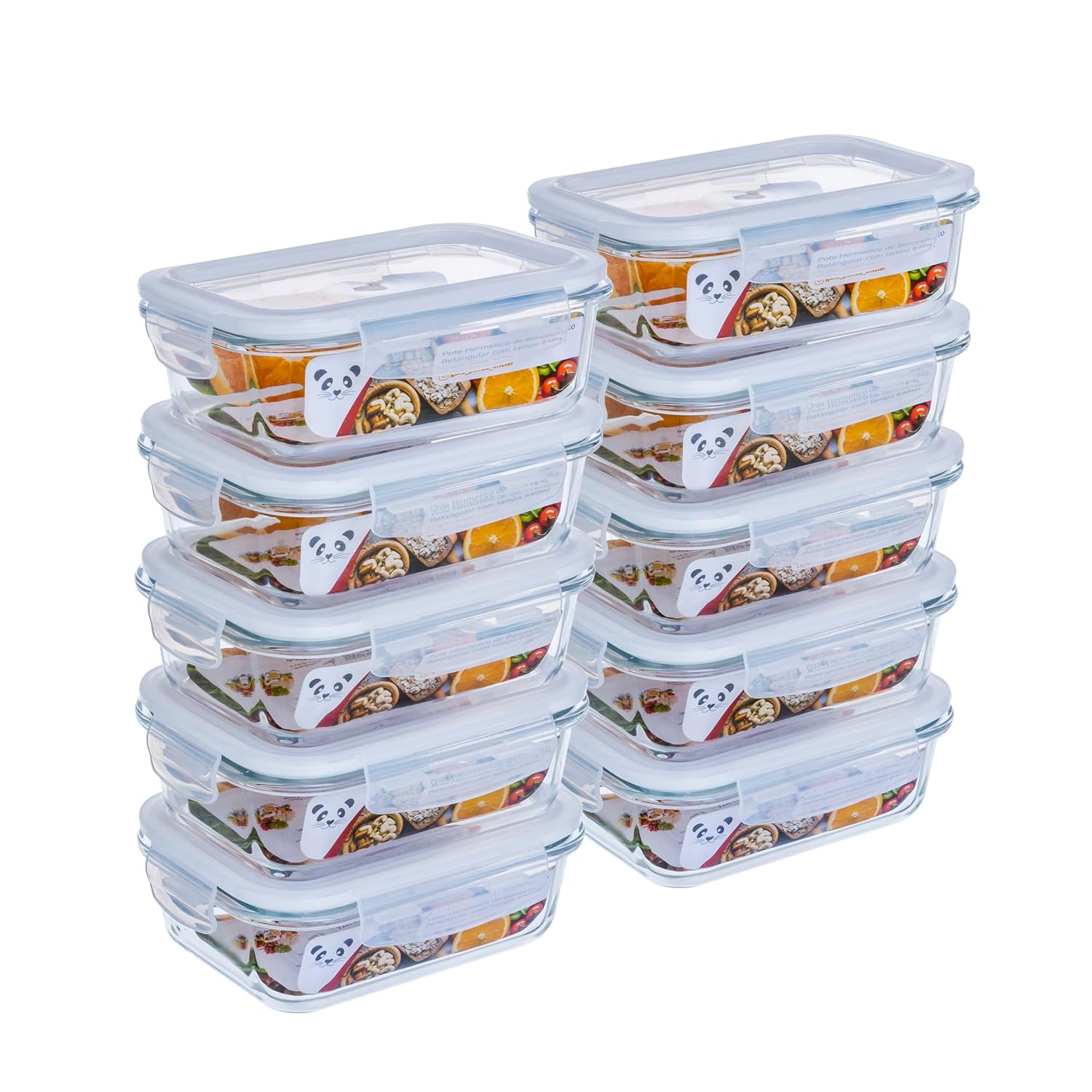KIT 10 Potes de Vidro Retangular com Tampa Hermética 640ml Cor:Branco (QH)