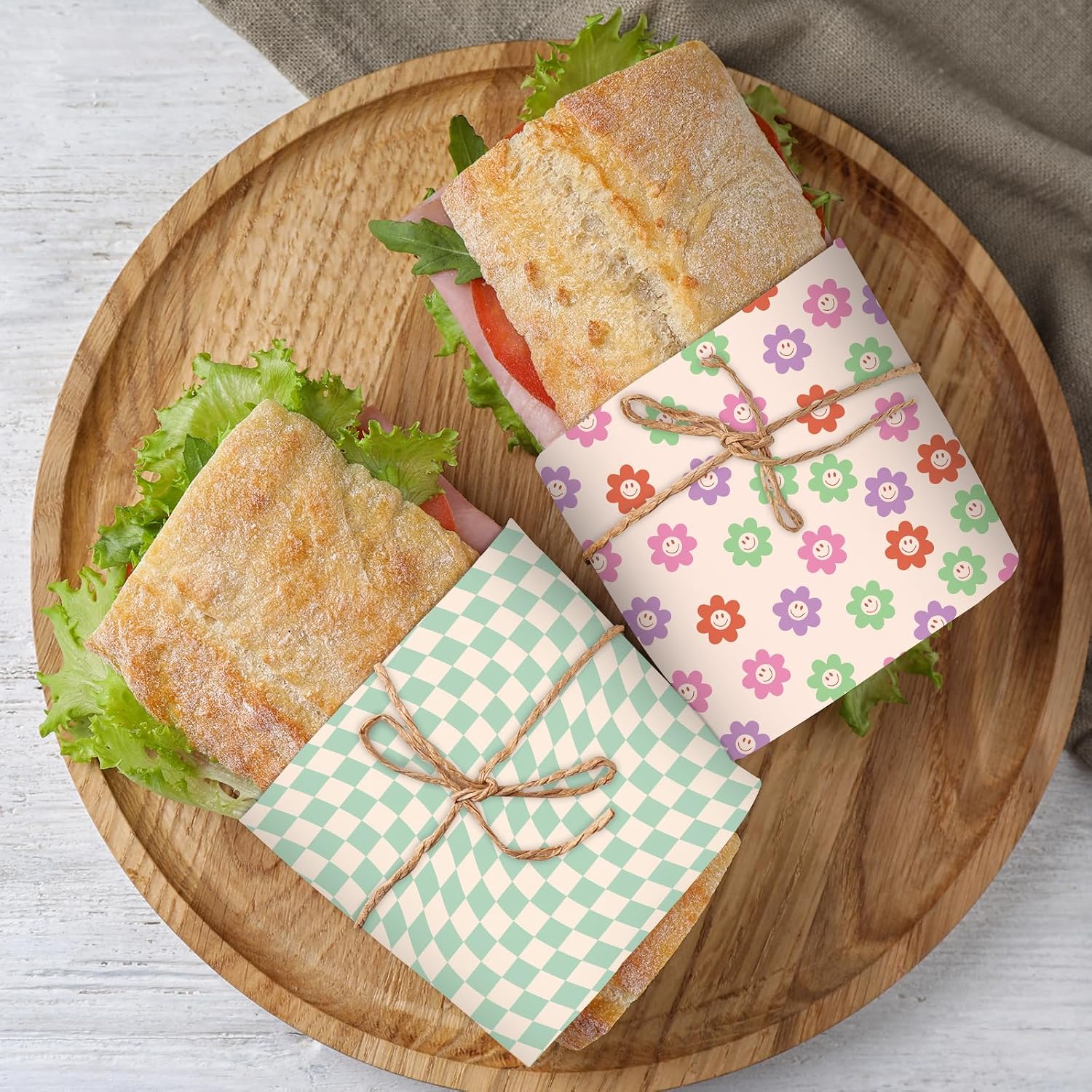 Whaline 240Pcs Groovy Deli Paper Pastel Retro Smile Daisy Checkered Food Sandwich Wrapping Paper 12 x 12 Inch Groovy Hippie Food Basket Liners for Picnic Barbecue Kitchen Party Supplies