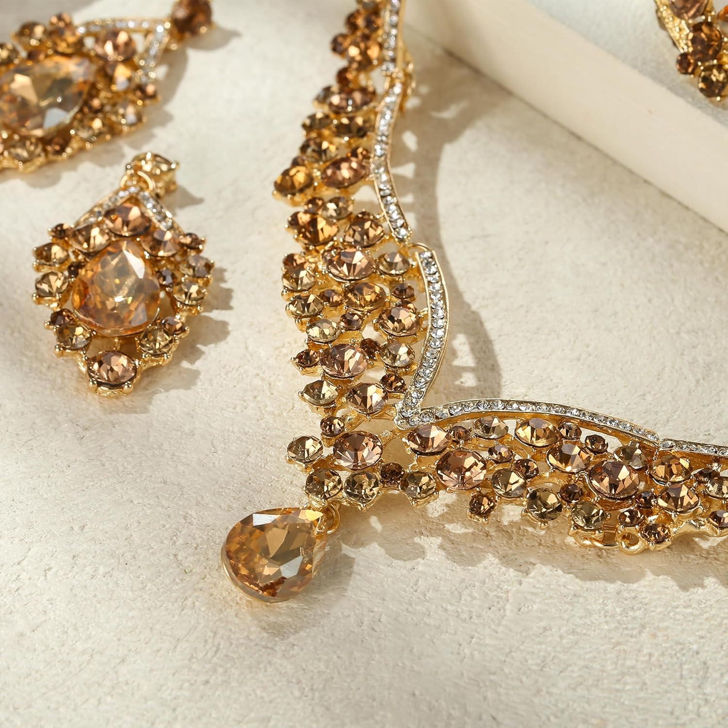 EVER FAITH Wedding Jewelry for Bride Austrian Crystal Elegant V-Shaped Statement Teardrop Necklace Earrings Bracelet Set