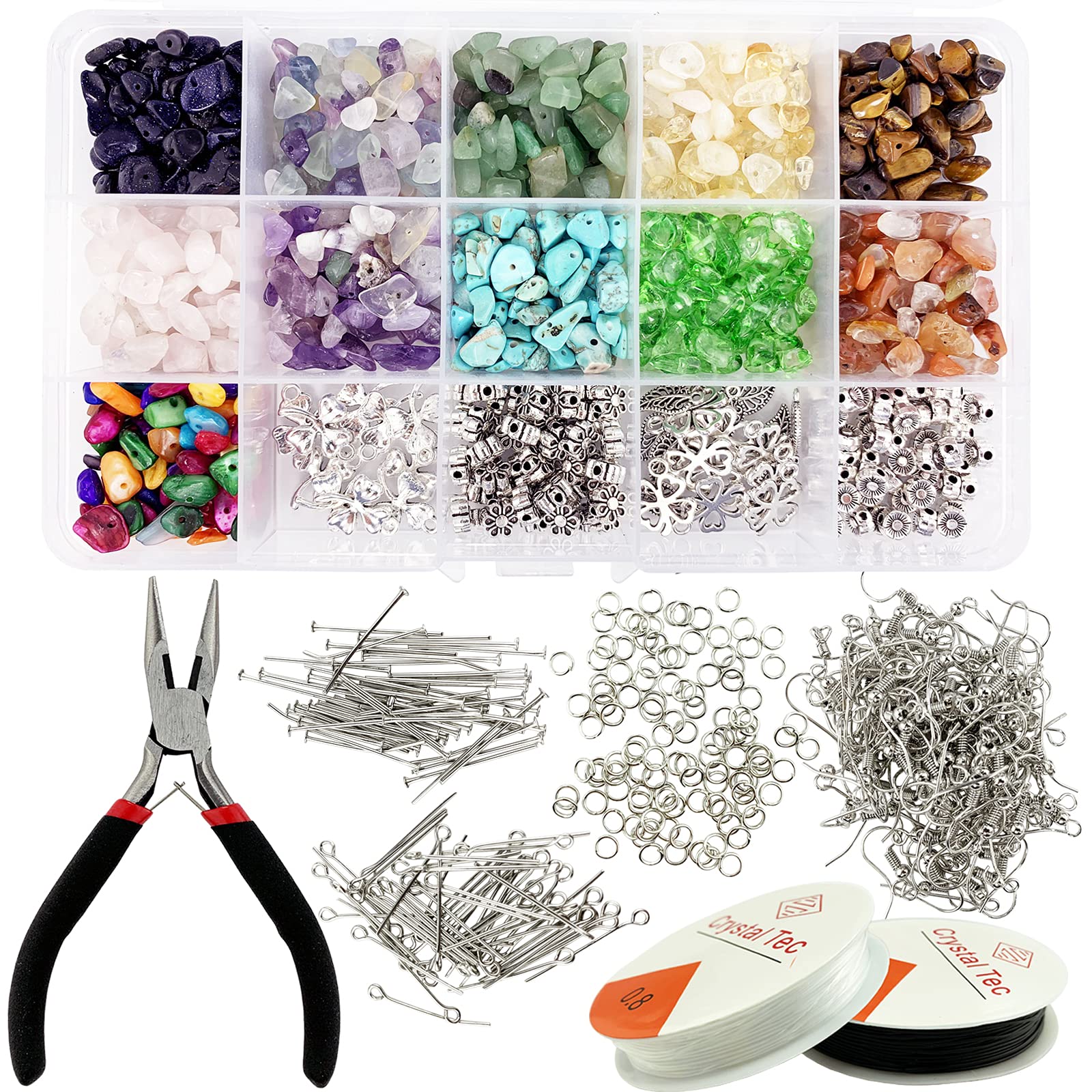 BETITETO 983pcs Irregular Crystal Stone Chips Beads Kit with Spacer Beads Pendants Earring Hooks Charms Jump Rings Plier String for Jewelry Earring Bracelet Ring Making DIY Craft (Silver)
