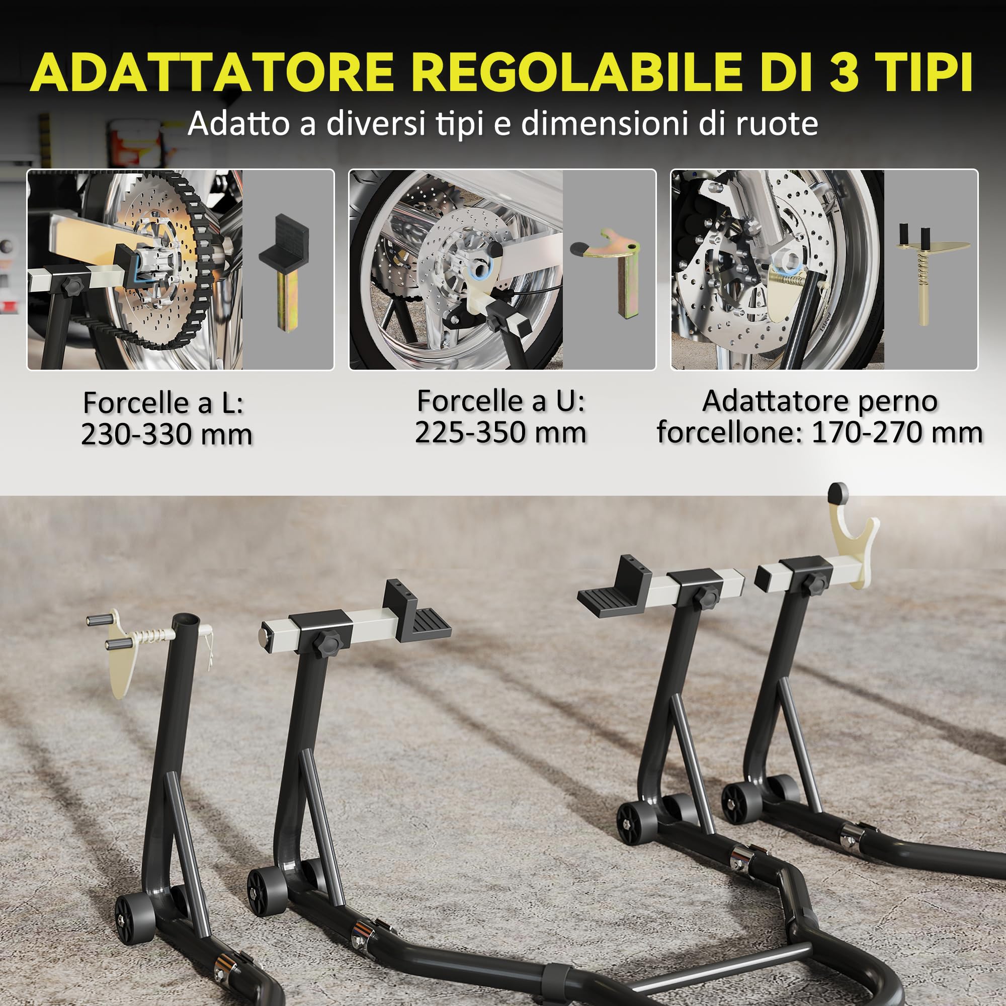 HOMCOM Set 2 Cavalletti Alzamoto Regolabili a Triangolo con Capacità di 390 kg, Cavalletti per Moto Posteriore e Anteriore in Acciaio con Rotelle e Forcelle a U e L, per Garage e Officina, Nero