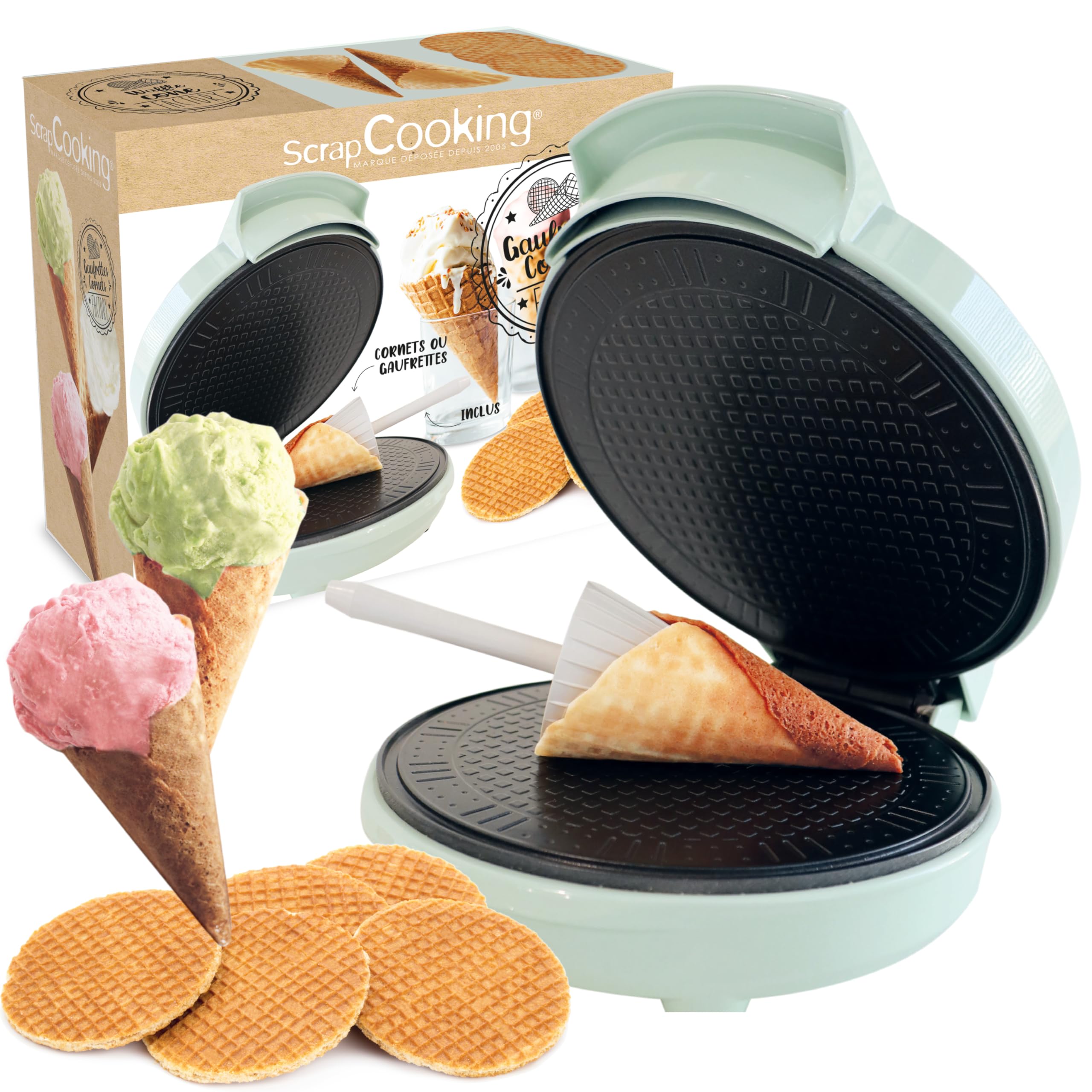 ScrapCooking - Wafers & Ice Cone Maker - Wafers & Cornet Factory - 2-in-1 Wafers & Tiles Maker - Baking Gift Kitchen - Recipe Included - 3883
