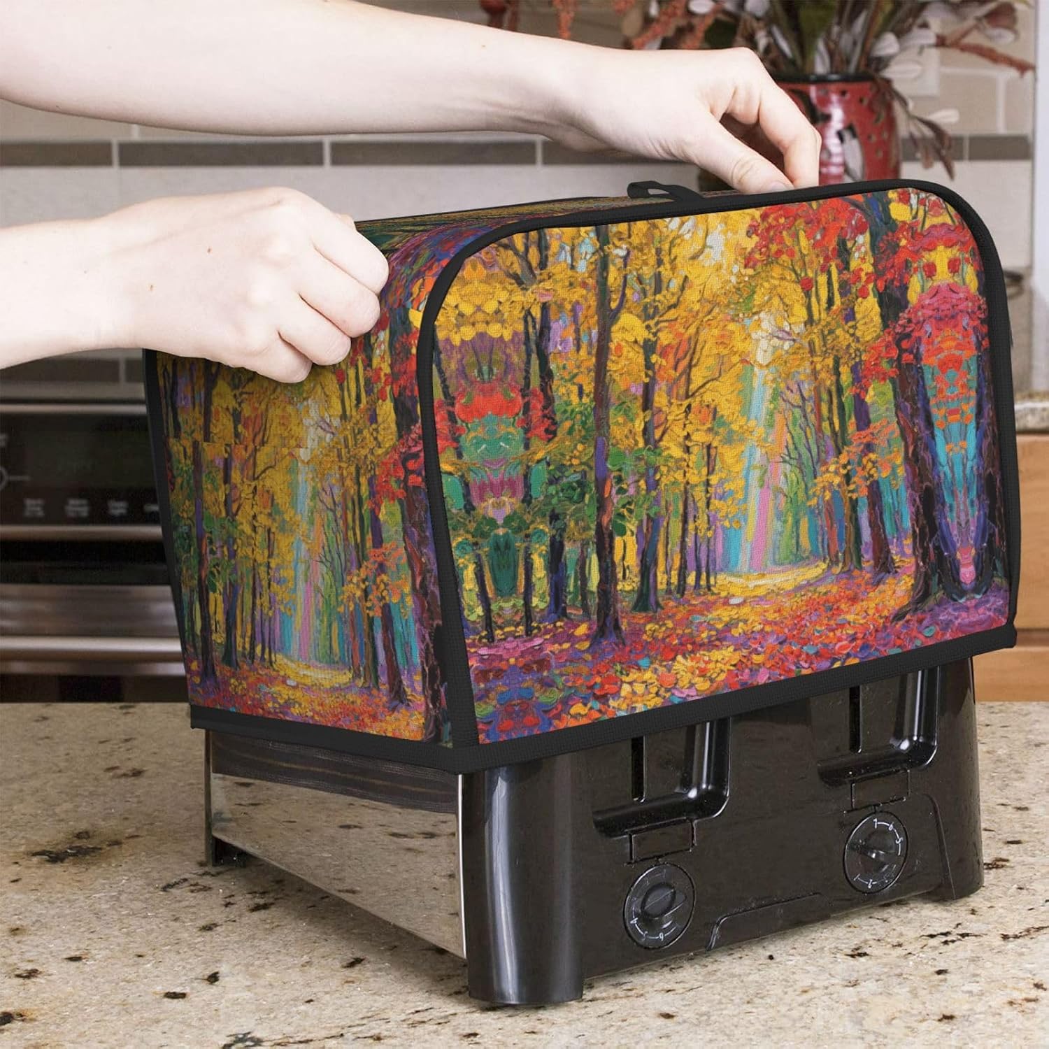 Colorful Forest Toaster Cover 2 Slice, Waterproof Bread Machine Covers with Pockets Universal Size Kitchen Small Appliance Cover with Handle, Dust and Fingerprint Protection