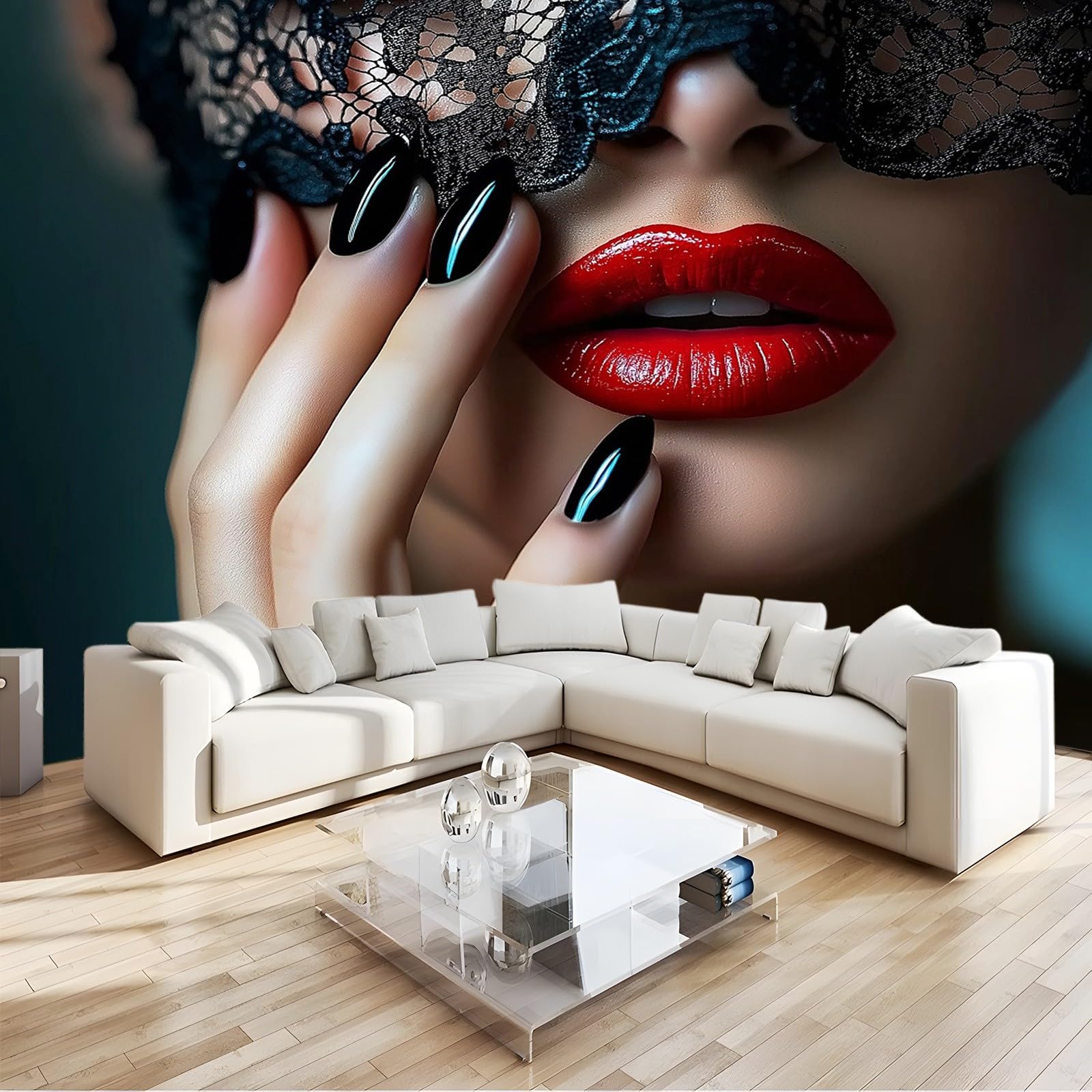 Stile Di Moda Labbra Unghie Carta Da Parati 300 X 210 Cm Nero Pizzo 3D Fotomurale – Poster Gigante Da Parete Per Camera Da Letto, Soggiorno, Hotel O Corridoio – Decorazione Murale Moderna Di Lusso