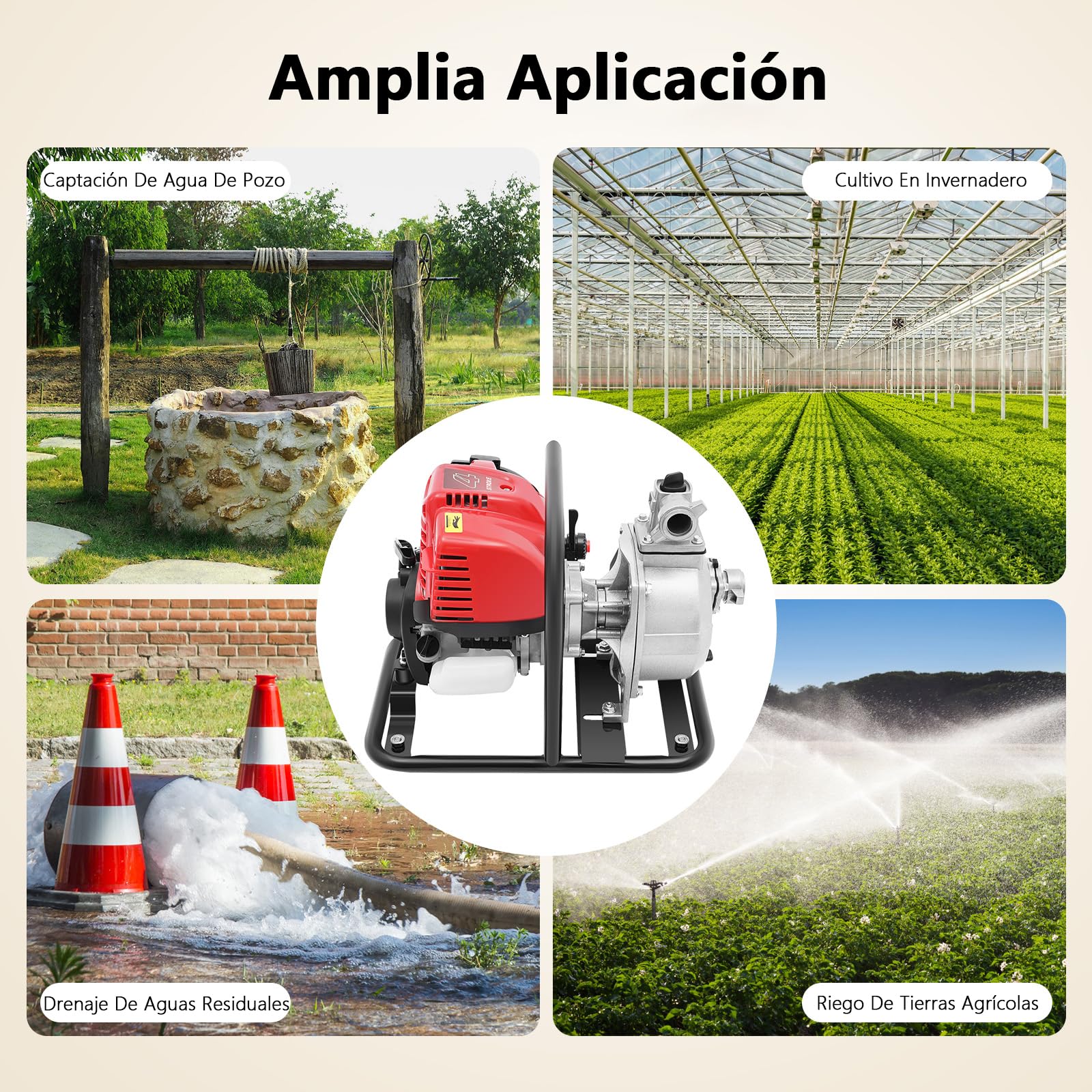 Bomba de agua de gasolina de 1 pulgada con motor de 4 tiempos de 1,2 kW, capacidad de extracción de 8100 l/h, altura de agua de aspiración de 8 m, autoaspiración de 3 m, bomba de agua sucia