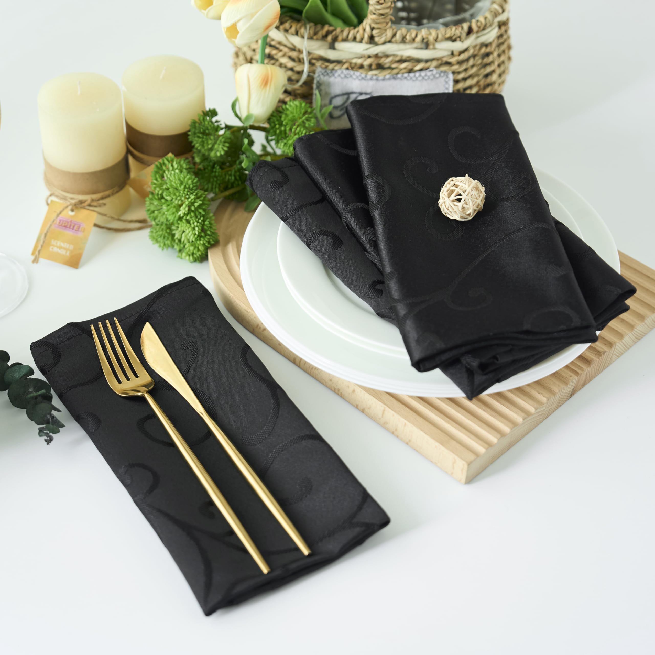 Marina Decoration Jacquard Waterproof Thick Luxury Premium Solid Damask Branch Scroll Decorative Home Kitchen Liquid Repellent and Stain Resistant 4 Piece Napkin Set, Black Color Square 18 x 18 Inch