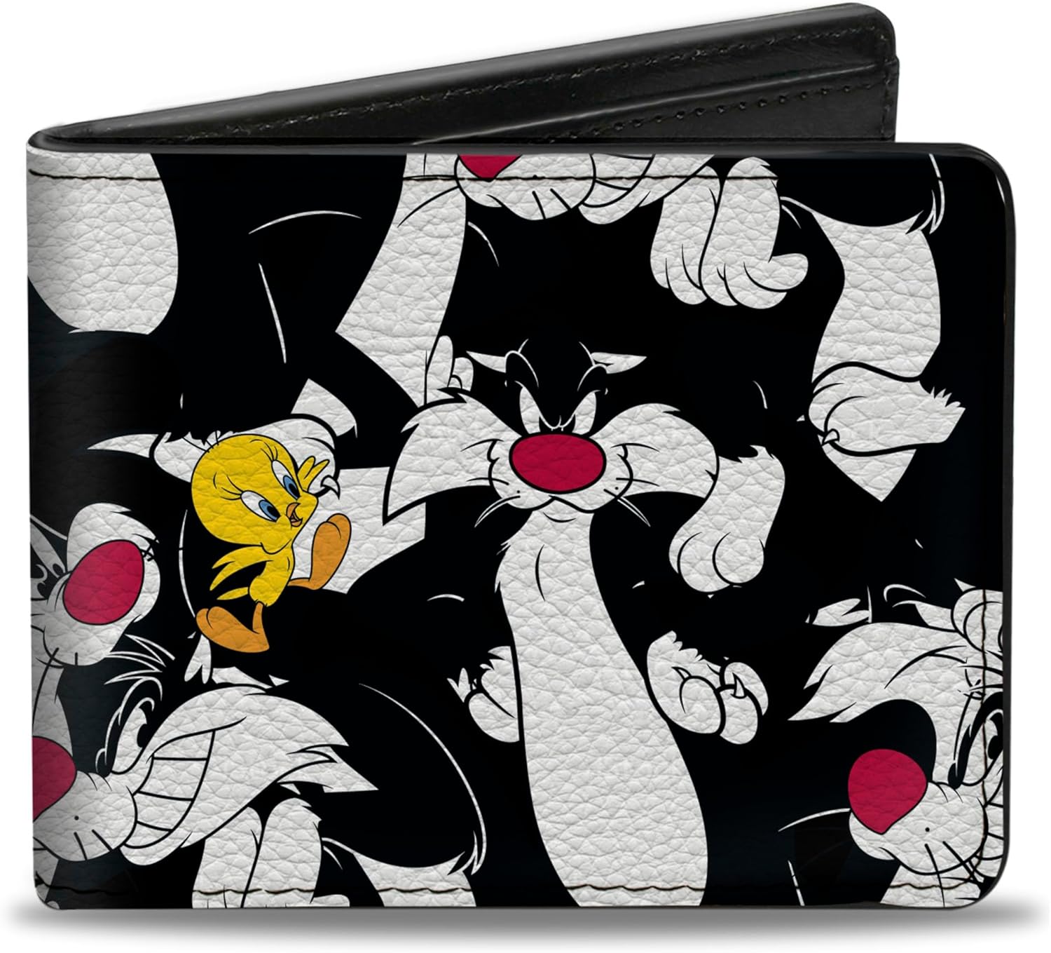 Buckle-Down Men's Looney Tunes Wallet, Bifold, Sylvester and Tweety Poses Scattered Black, Vegan Leather, Multicolor, Standard Size