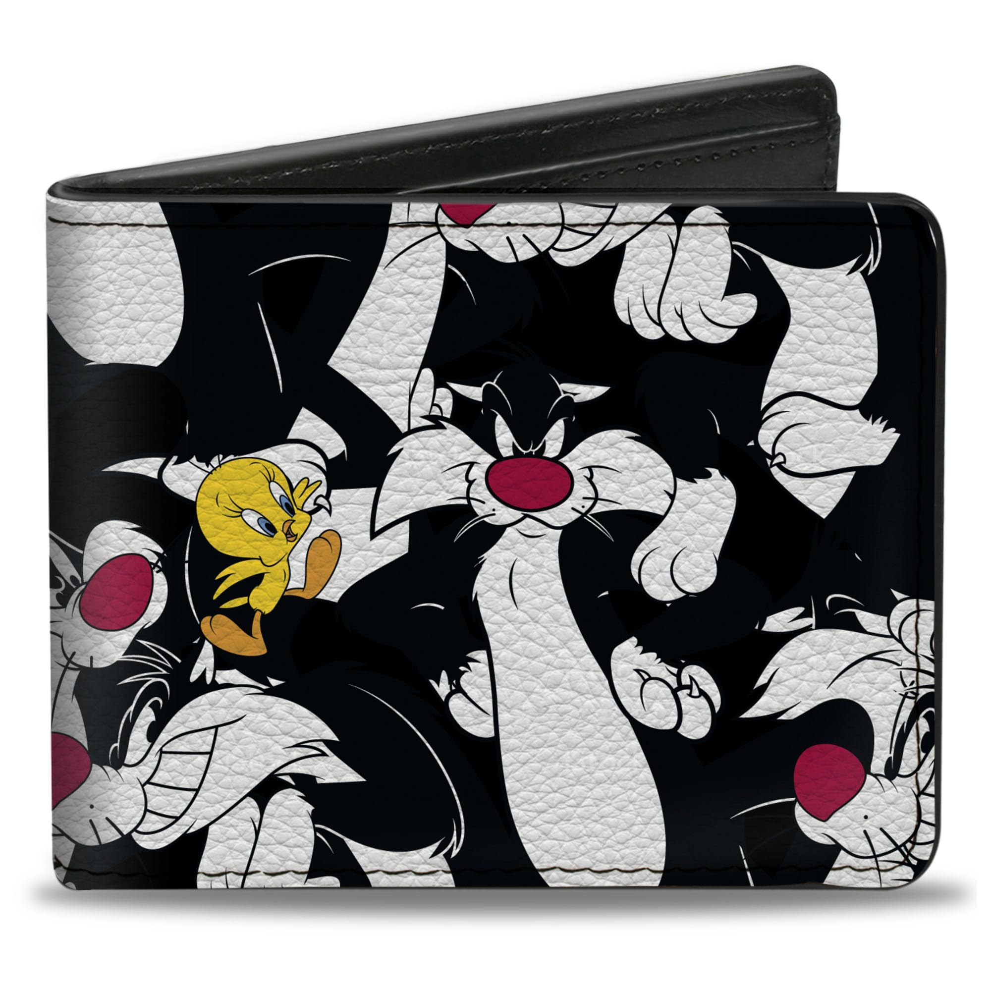 Buckle-Down Men's Looney Tunes Wallet, Bifold, Sylvester and Tweety Poses Scattered Black, Vegan Leather, Multicolor, Standard Size