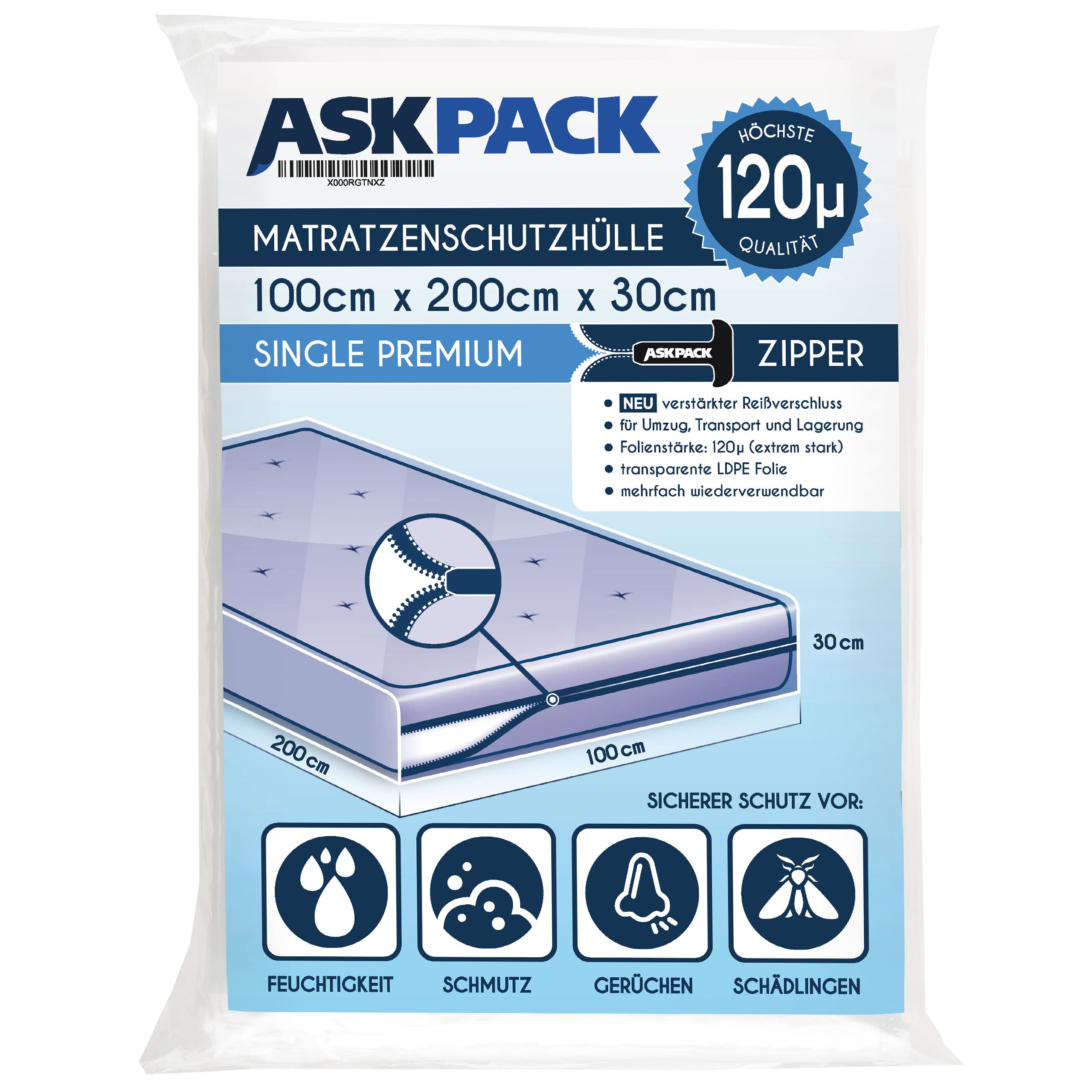 ASK Pack Mattress Bag for Moving and Storage with Zipper, 4.7 Mil Heavy Duty Material, Size XS-XXL, Waterproof Mattress Cover