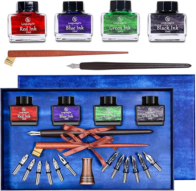 Calligraphy Set for Beginners-calligraphy Fountain Pen,2 Wooden Dip Pen, 12 Replaceable Stainless Steel Tips, 4 Bottles of of Ink,1pen Holder