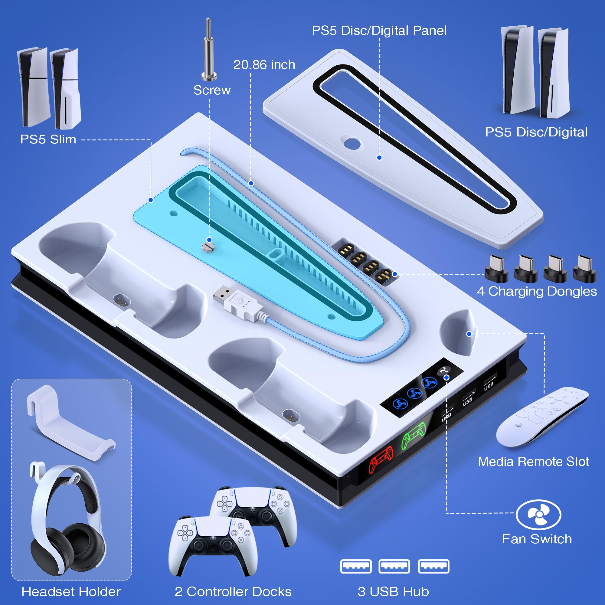 GAMSINGY Soporte para PS5 con ventilador, soporte para PS5/Slim/Pro Disc/Digital Edition, soporte para auriculares/controlador PS5 estación de carga/mando a distancia Solt/3 USB Hub