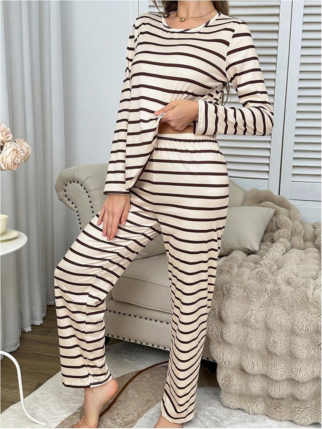 MakeMeChic Women's Two Piece Pajama Sets Striped Long Sleeve Tops with Pants Lounge Set - Image 2