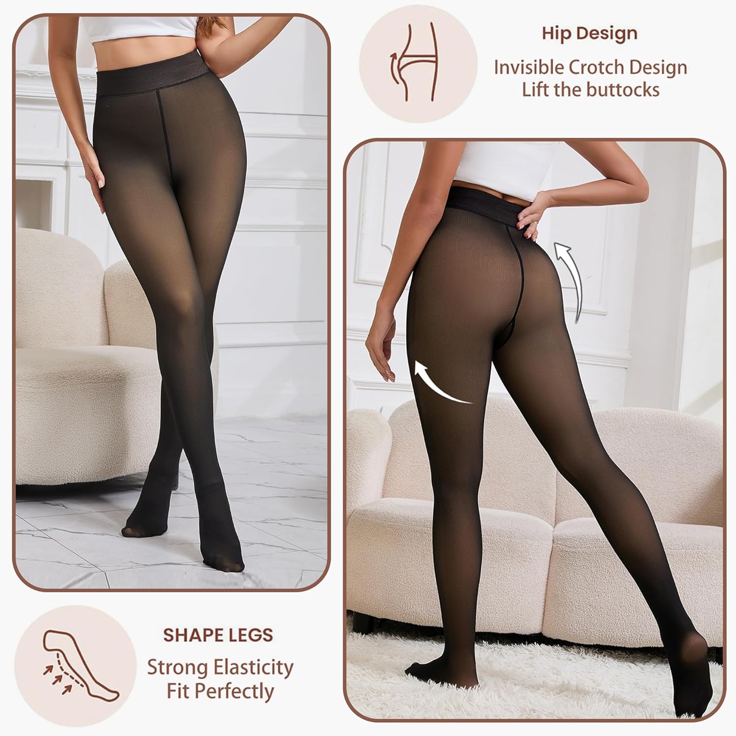 2025 One-Seam More Warmth Women Fleece Lined Tights Fake Translucent High Waist Thermal Pantyhose Sheer Legging - Image 3