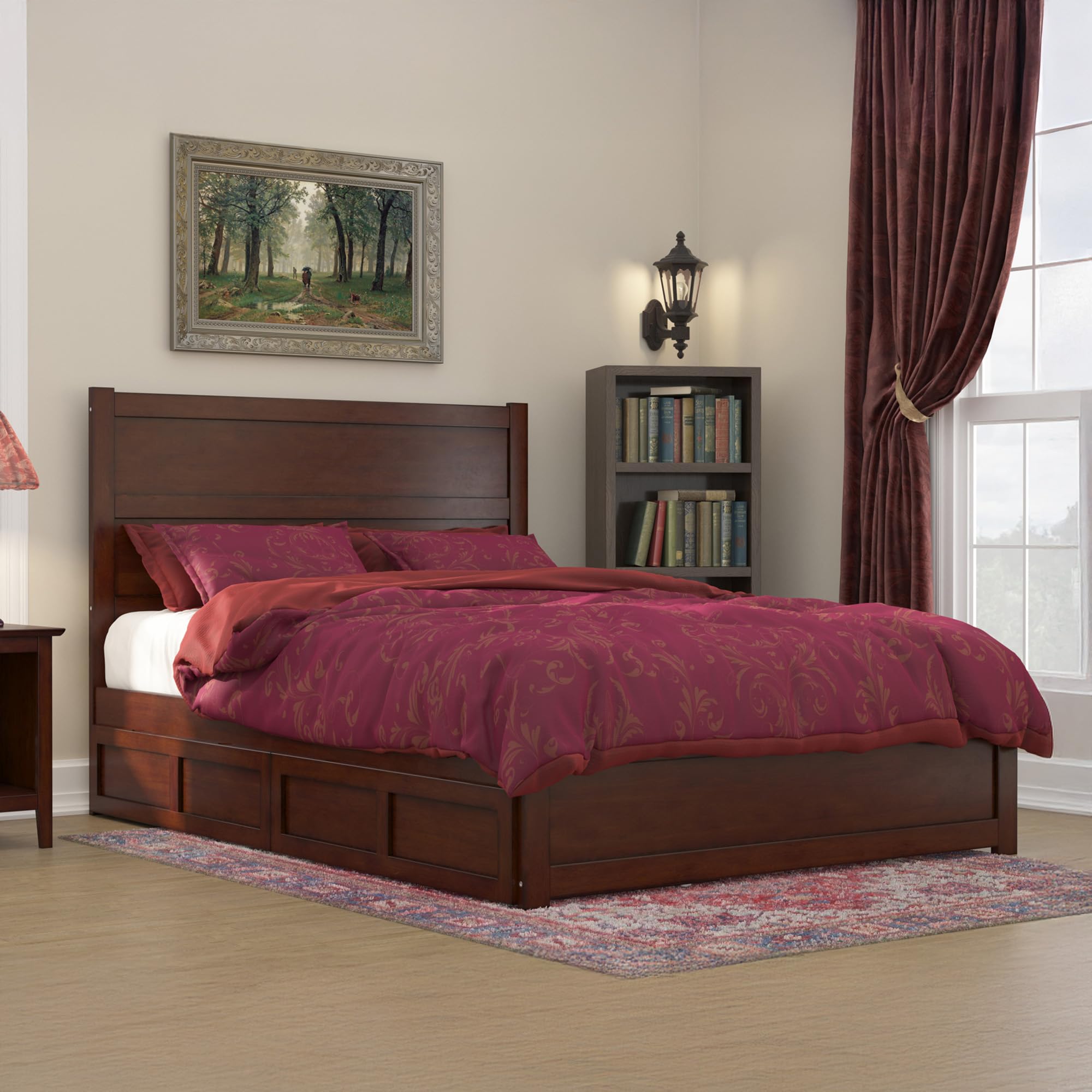 AFI, NoHo Queen Platform Bed with Matching Footboard & Set of 2 Under-Bed Storage Drawers, Walnut