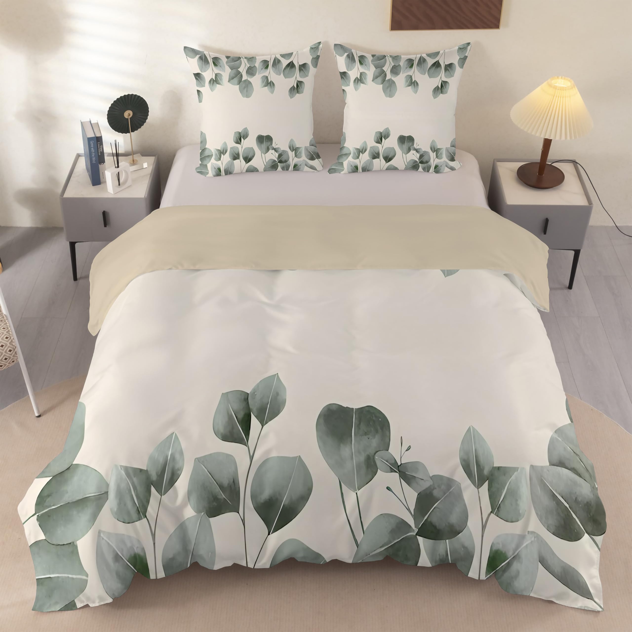 Housse de couette 240 x 260 anti-plis en microfibre douce beige et vert H102