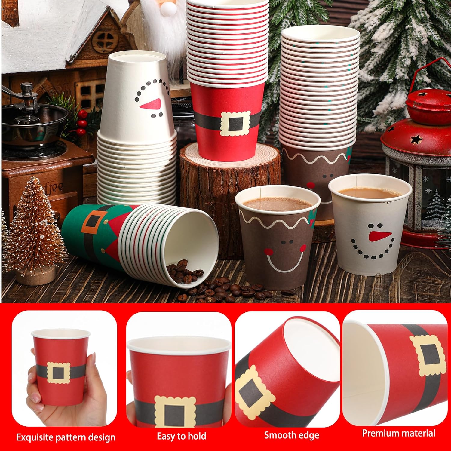 Mumufy 160 Pcs Disposable Christmas Coffee Cups 9 oz Santa Elk Elf Snowman Christmas Paper Cups Disposable Coffee Party Drinking for Hot Cocoa Tea Beverage Holiday Xmas Party Supplies