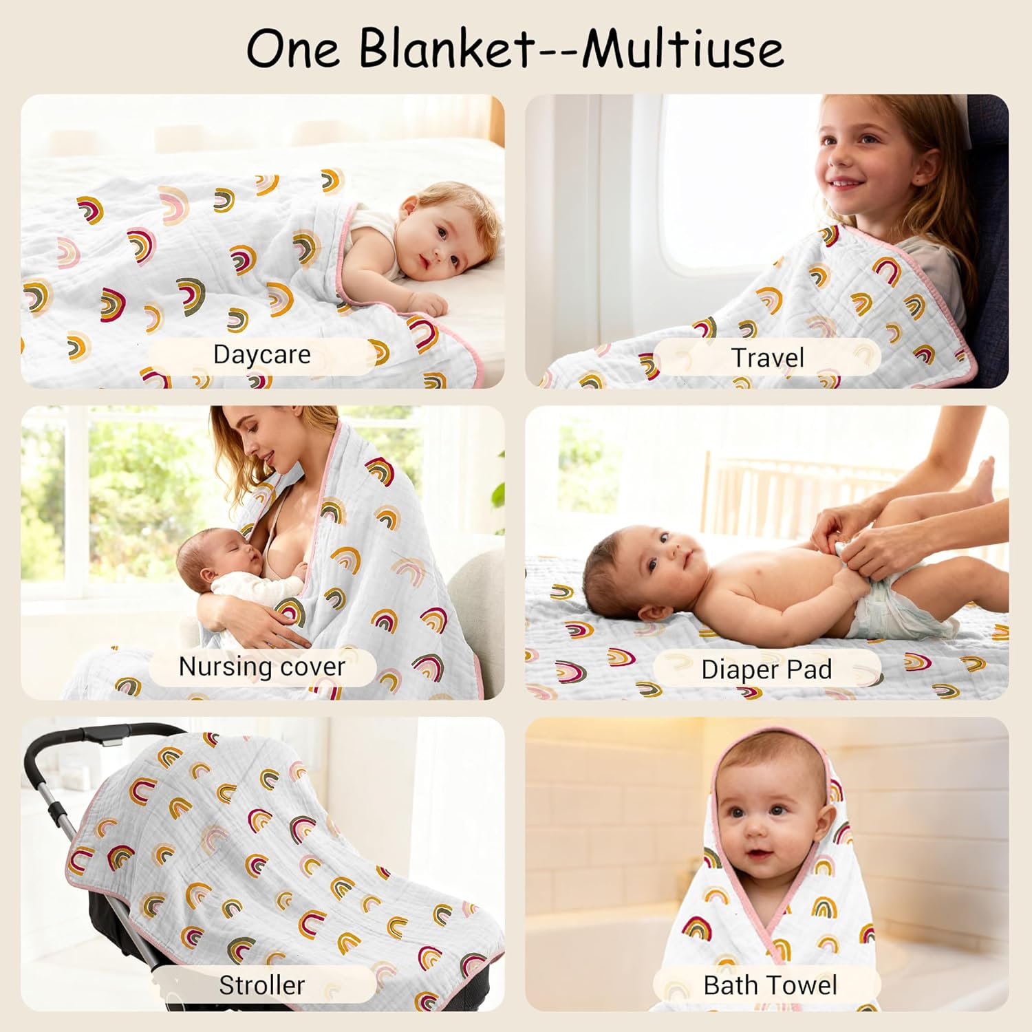 ZPECC Muslin Toddler Blanket Thicker, 47x47 Organic Cotton Kids Quilt Hypoallergenic for Baby Essentials Crib Stroller Daycare Cot, Rainbow