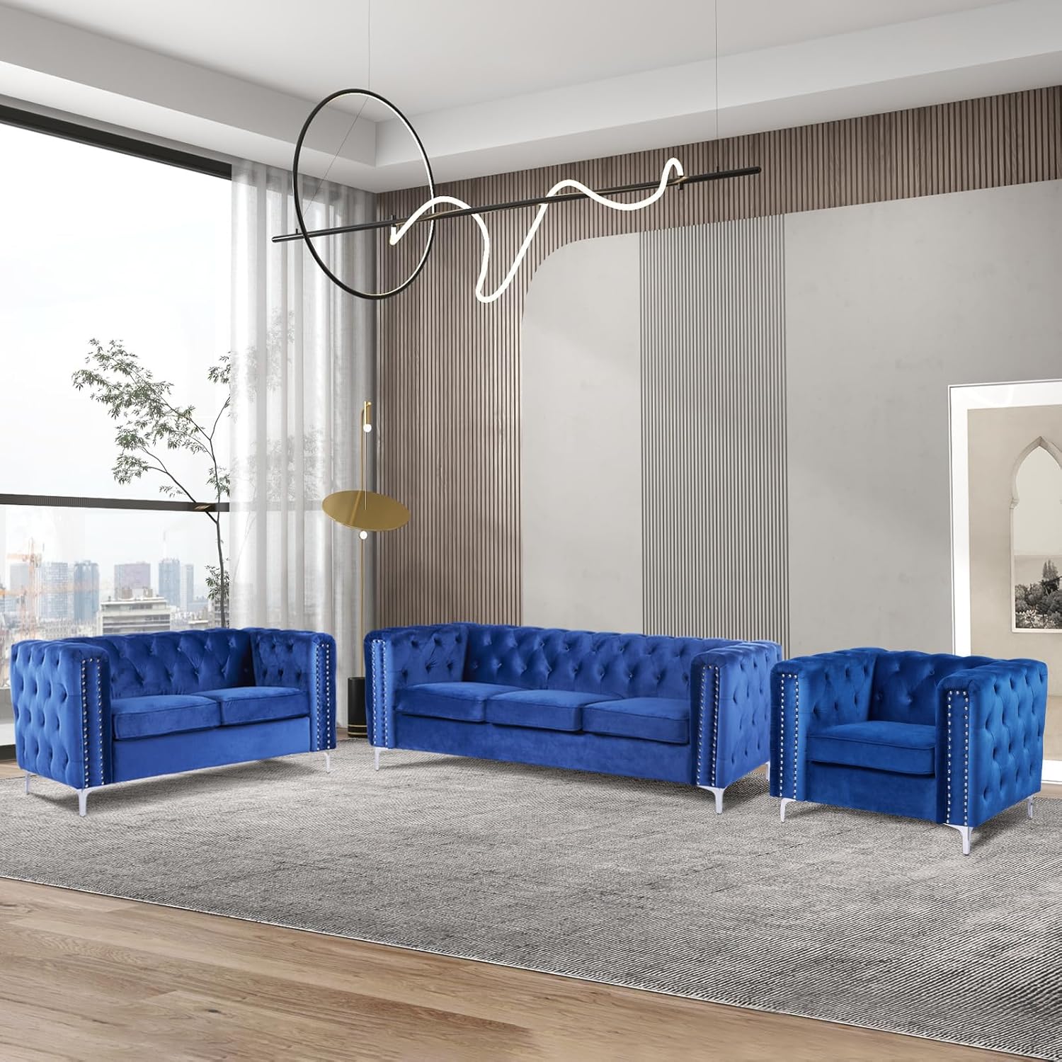 EBELLO 3 Pieces Velvet Tufted Sofa Set with Thick Padded