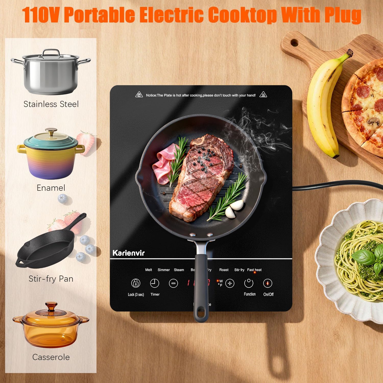 Portable Electric Cooktop 110V, 1800W Single Burner, Touch Control Electric Stove Top with 9 Power Levels, Plug in Cook top Safety Lock & Timer