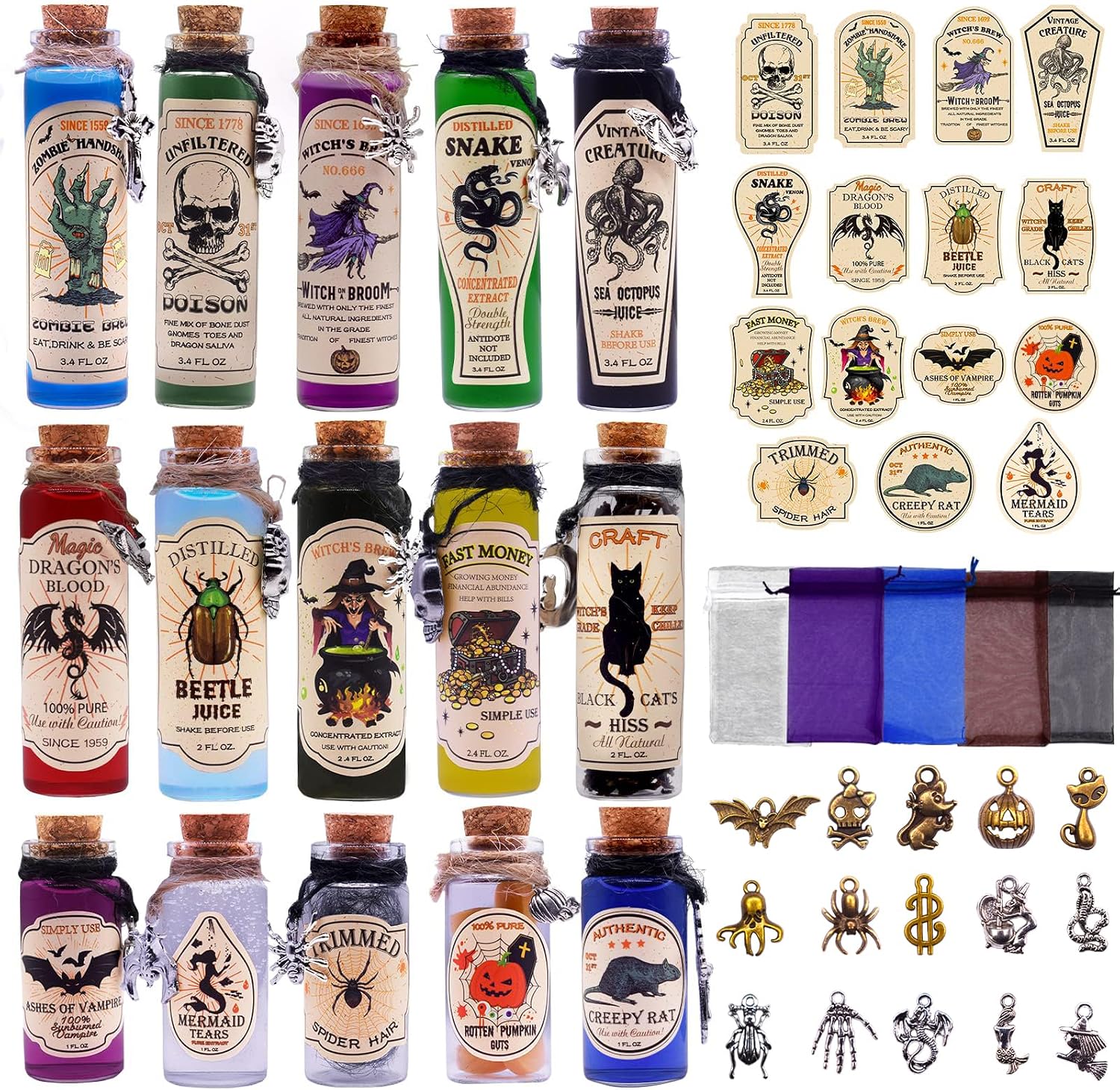 99 Pcs Apothecary Bottles Set with Halloween Stickers & Pendants - Tiered Tray Decor for Indoor Halloween Party Supplies