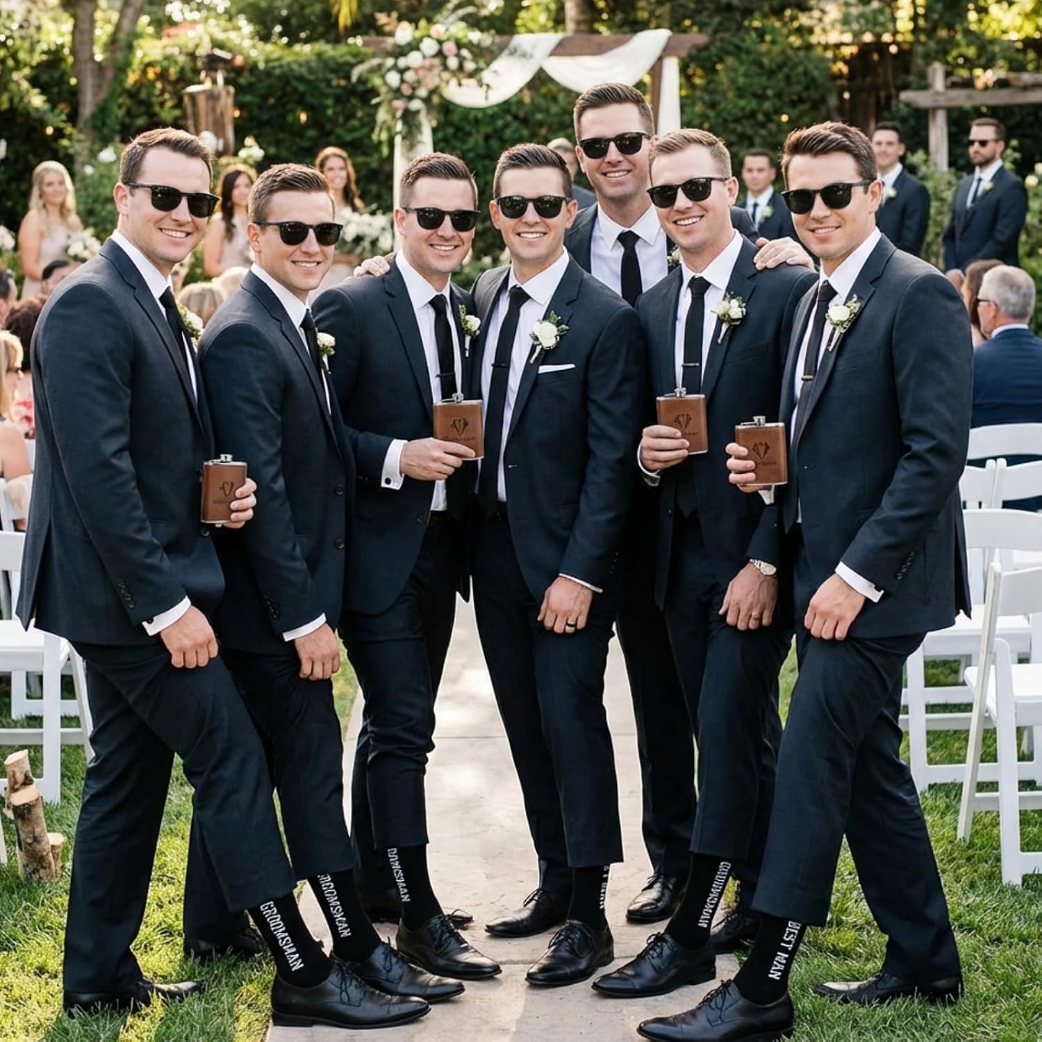 8 Sets/ 80 Pcs Groomsmen Gifts Set Groomsmen Proposal Box Gifts with Flasks Shot Glasses Socks Cuff Collar Clip Sunglasses Bottle Opener for Wedding Grooms Men Best Man Bachelor Party Favors