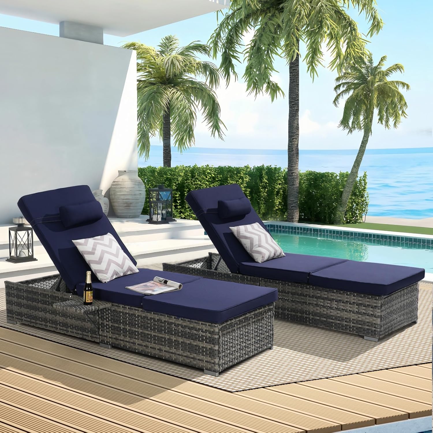 SoarFlash Wicker Chaise Lounge Set, Outdoor Patio Lounge Recliner Chair with Adjustable Backrest,Side Shelf for Garden Yard Poolside, Deep Blue