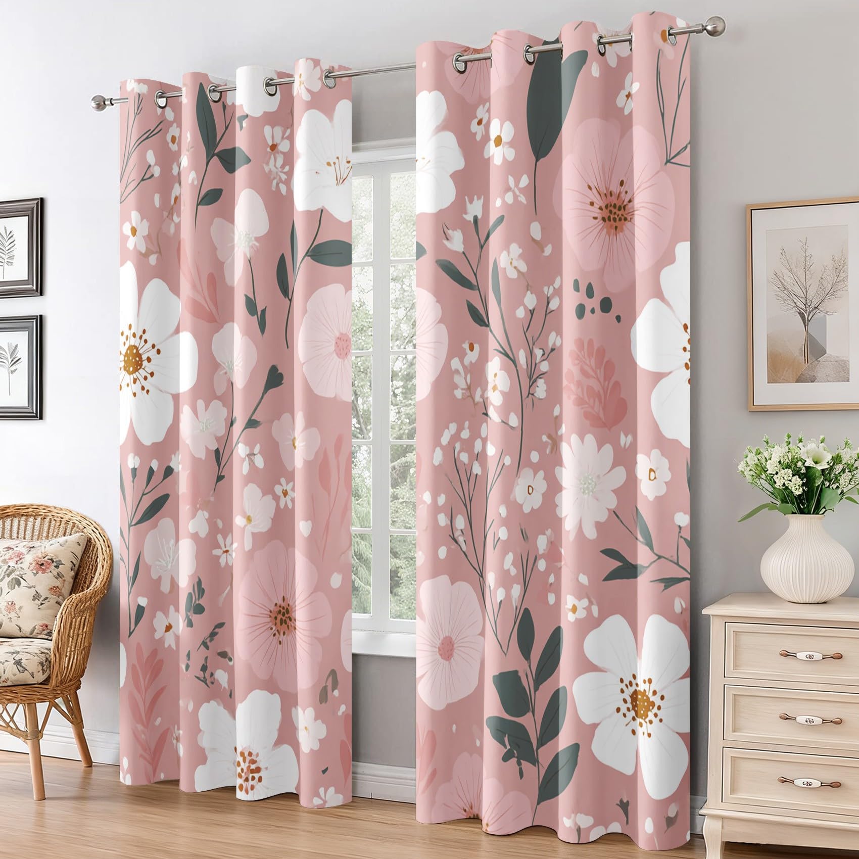 Generisch Rosa Weiße Blumen Vorhang Blickdicht, 95% Blickdichte Vorhänge Botanische Blumen, Verdunkelungsvorhang 137x117 2er Set, Schlafzimmer Wohnzimmer Gardinen mit Ösen Q-D27