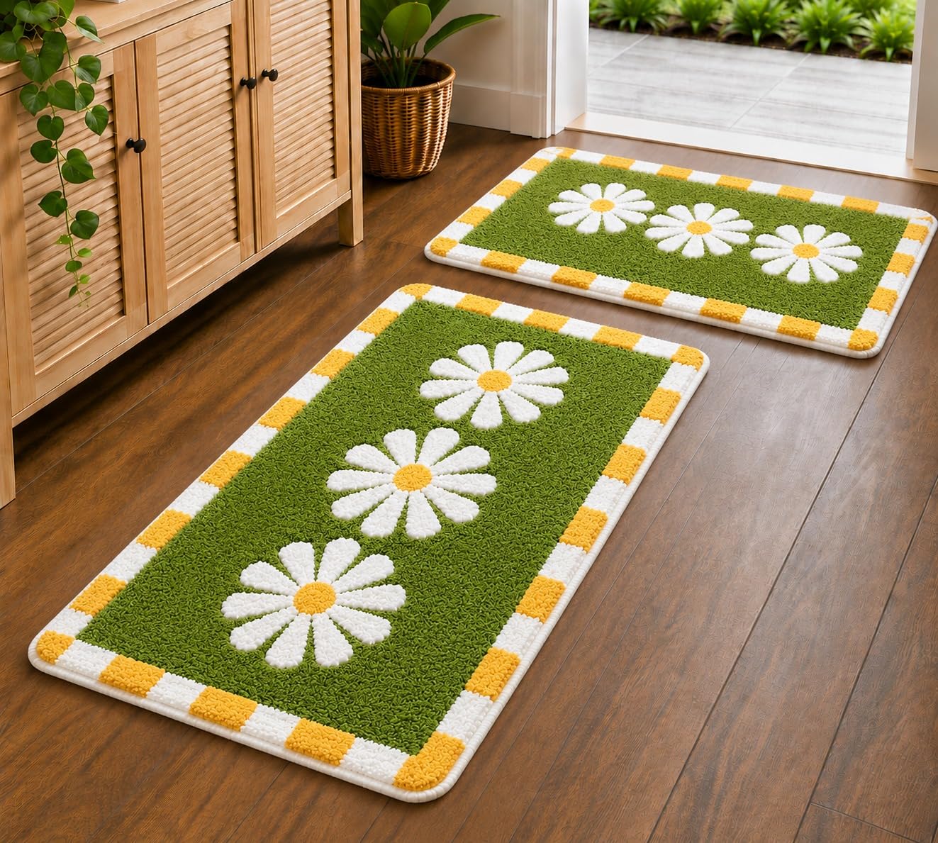 Roseate Blossom Super Soft Anti Skid (50x80 cm) Super Absorbent Mats Microfibre 2000 GSM Mat for Bathroom/Bedroom/Kitchen/Door Mat/Floor Mat (Pack of 2) Green
