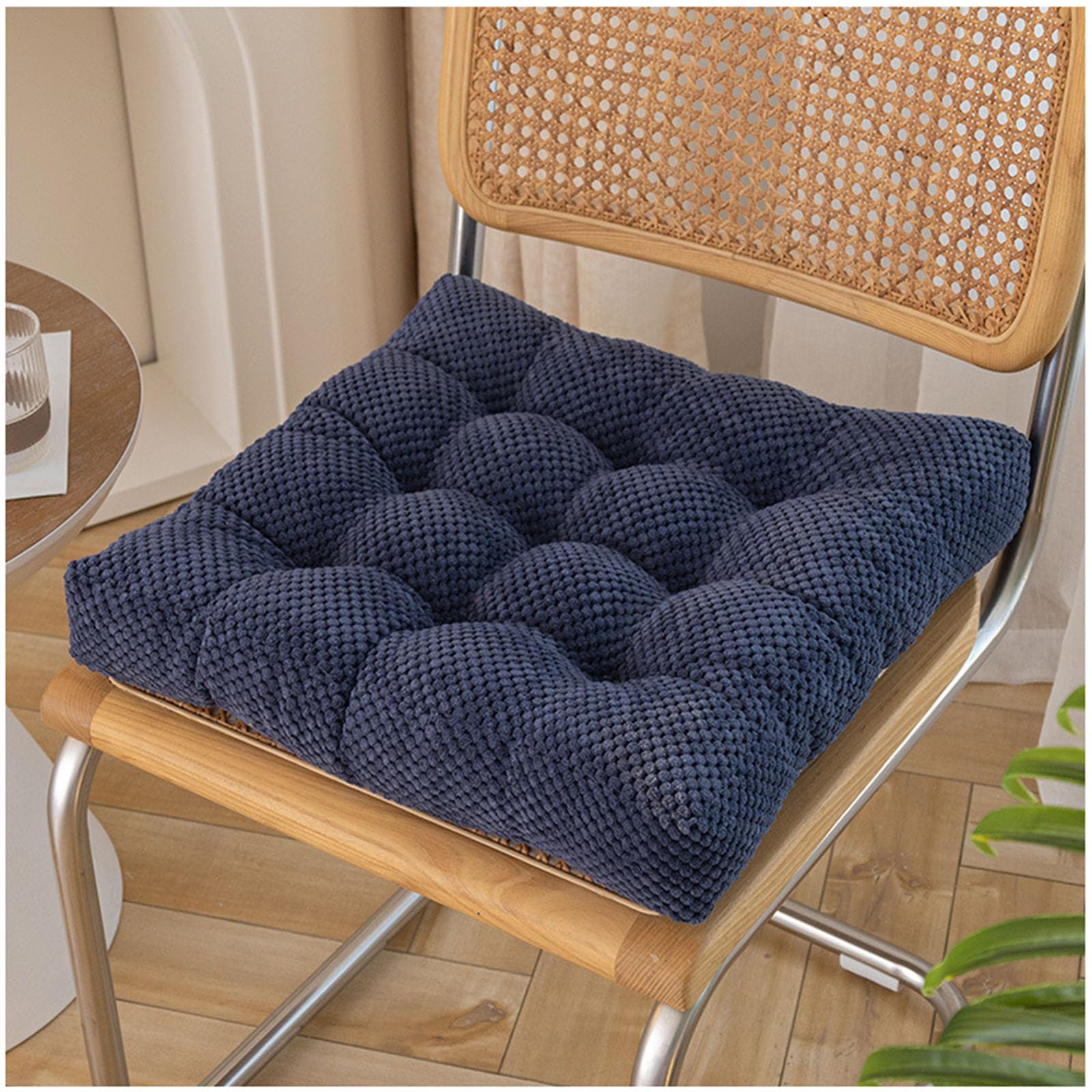 Coussin de chaise en velours côtelé épais bleu uni, galette de chaise 50x50cm ultra confortable