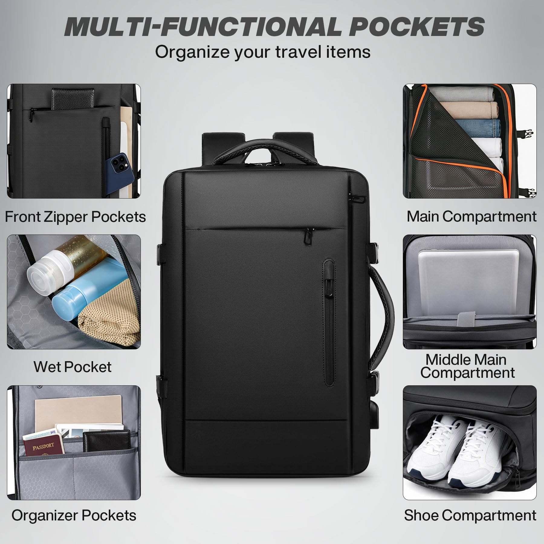 Mochila de viaje para portátil, mochila cabina expandible 41L, hombre y mujer