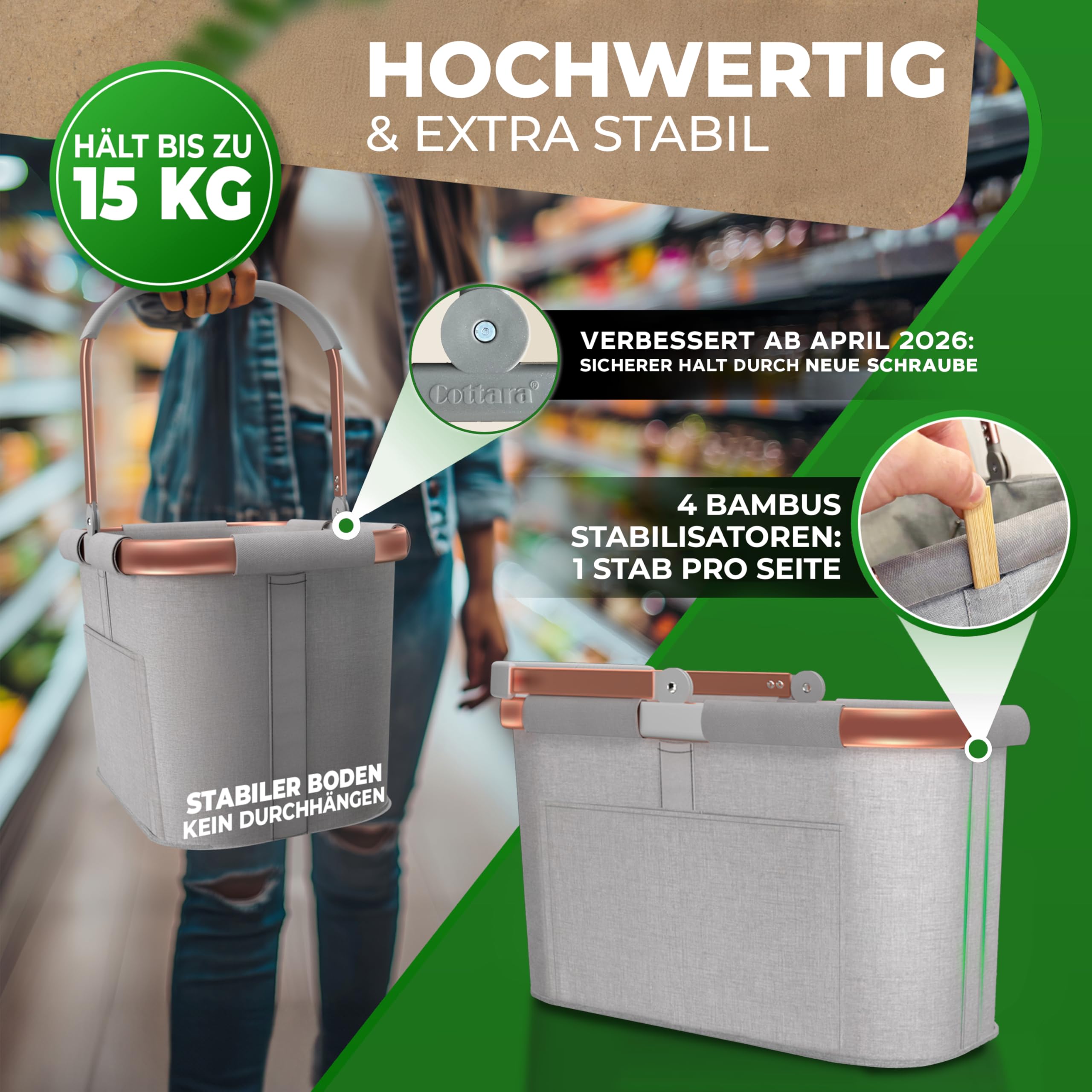 Cottara 30l stabiler Einkaufskorb groß | Tragekorb mit Henkel und verstärktem Boden, Frontfach und Innentasche mit Reißverschluss | Ideal als Einkaufstasche, Picknickkorb oder Shopper (Hellgrau Rose)