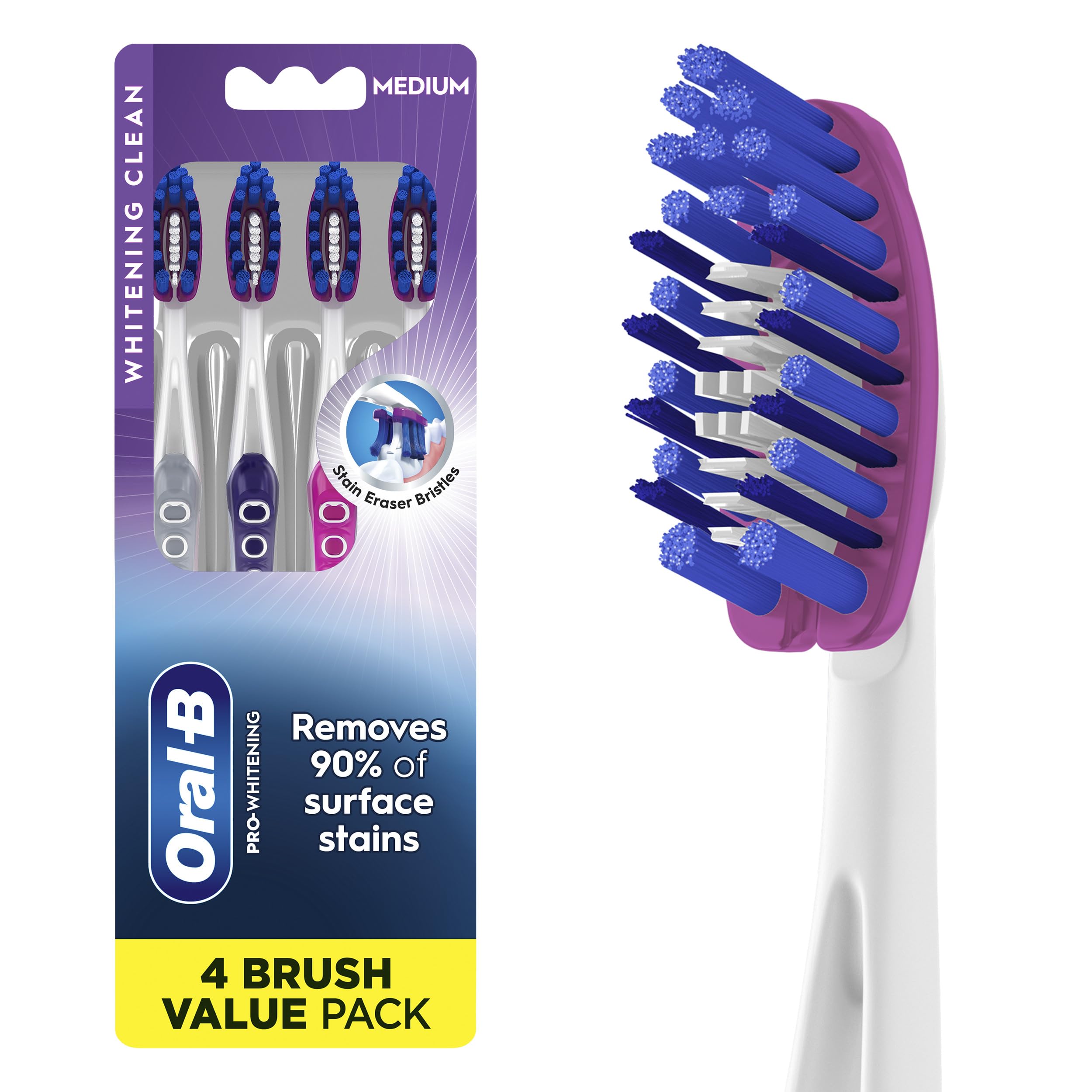 Oral-B 3D White Deep Stain Remover toothbrushes, 4 Count Toothbrush Medium, Removes 90% of Surface Stains, whitens Teeth, deep Reach, removes Plaque and Stains Tooth Brush