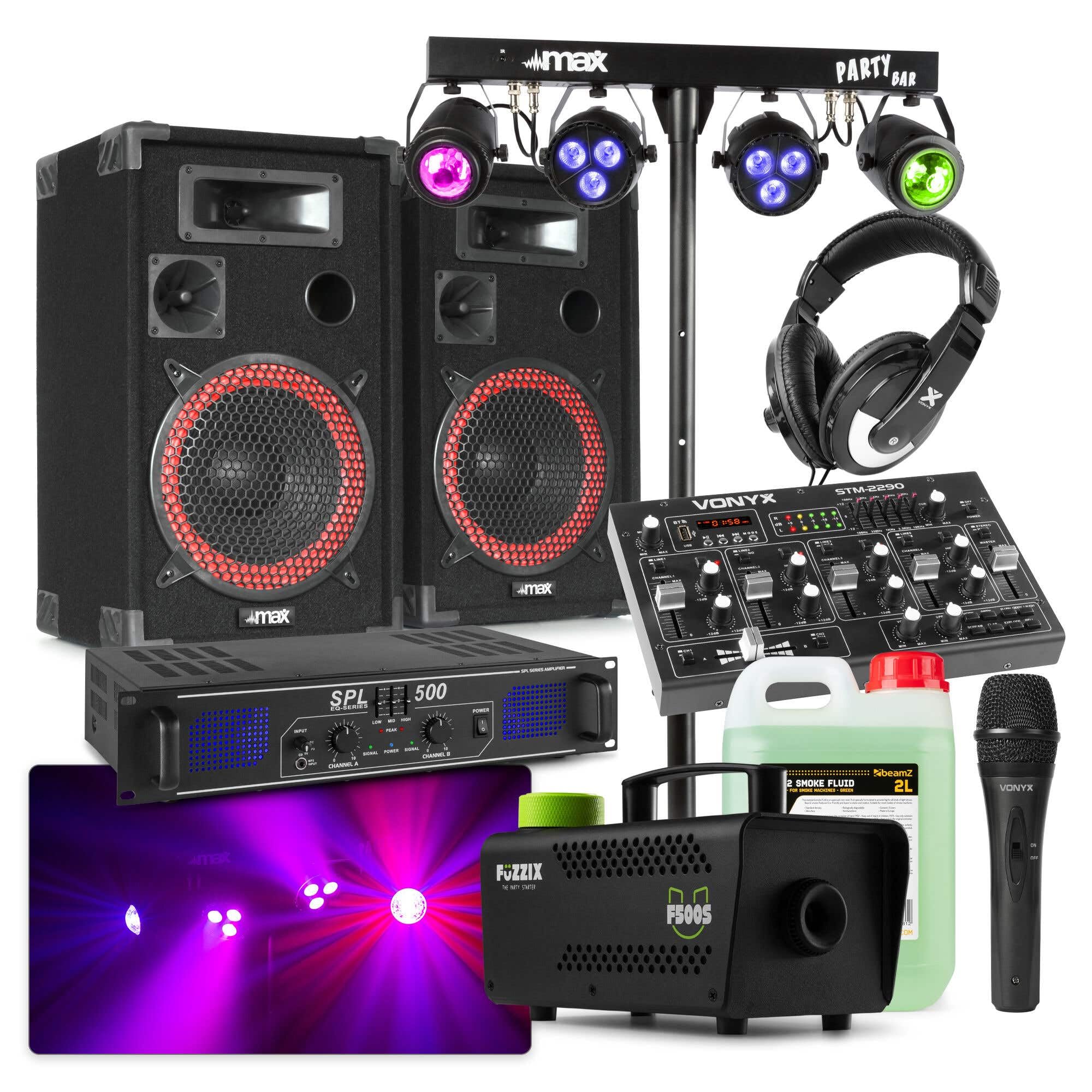 MAX DJ Komplettanlage 500W mit Bluetooth DJ Mixer, 2 Lautsprechern, Lichtanlage & Nebelmaschine – DJ Set für Einsteiger, Gartenparty, Geburtstag, Plug & Play