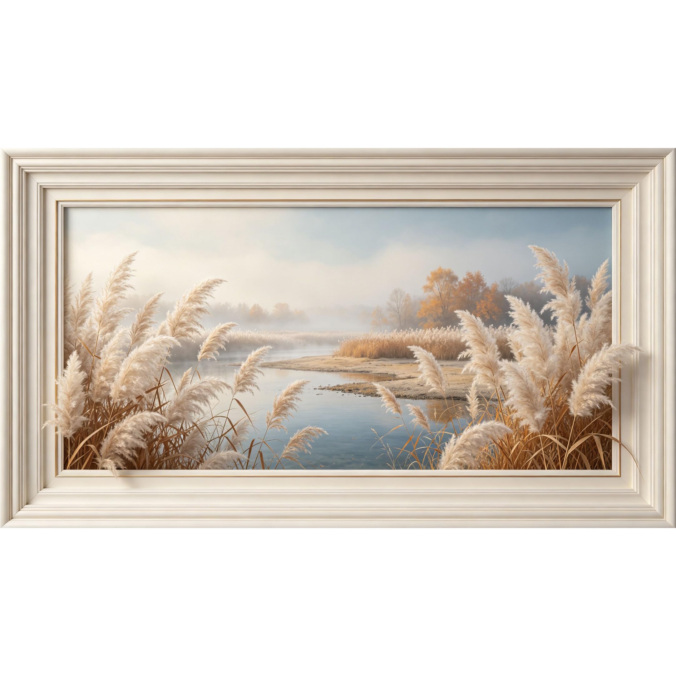 QZLITHOTIC 50×90cm3D Framed Wall Art， Beige Reed Lake Landscape Nature Mural， Water?Activated Peel & Stick Fabric Decor Wall Decal for Bedroom Living Room